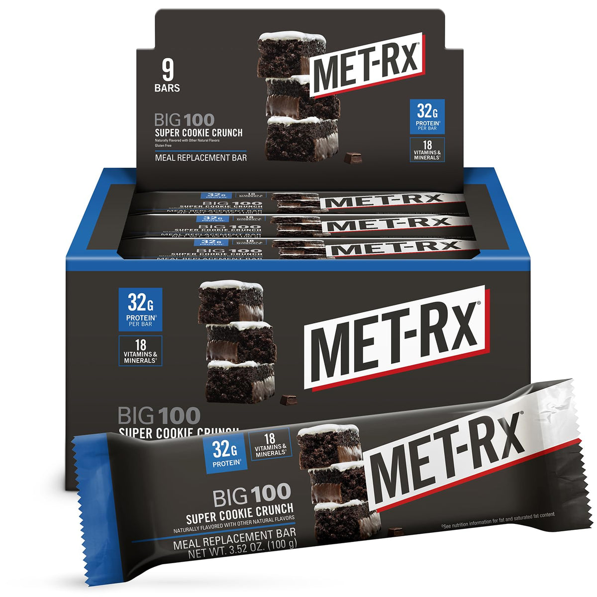MET-Rx empaque frontal mostrando sabor Super Cookie Crunch y conveniencia