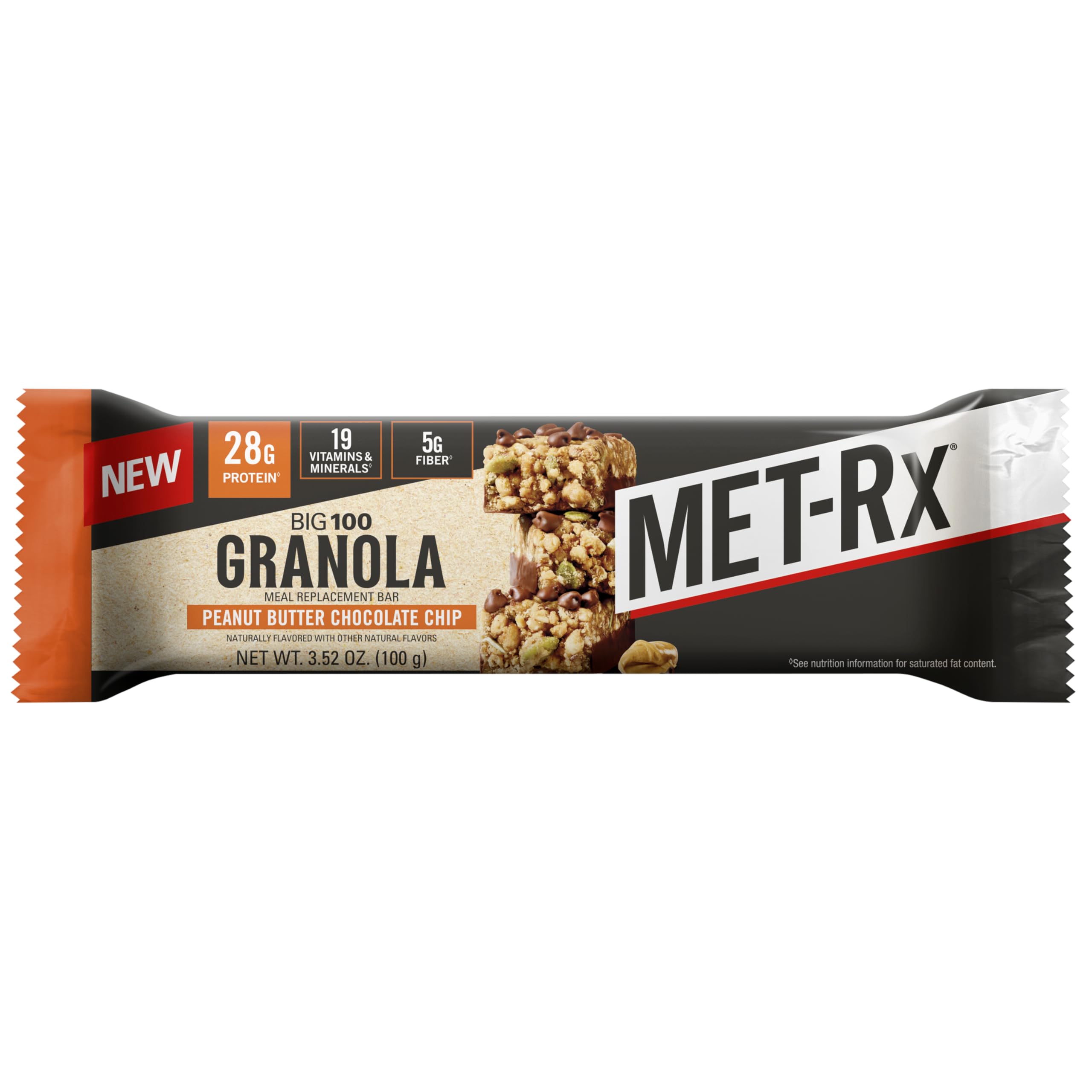 MET-Rx primer plano de textura de granola y chispas con proteína visible