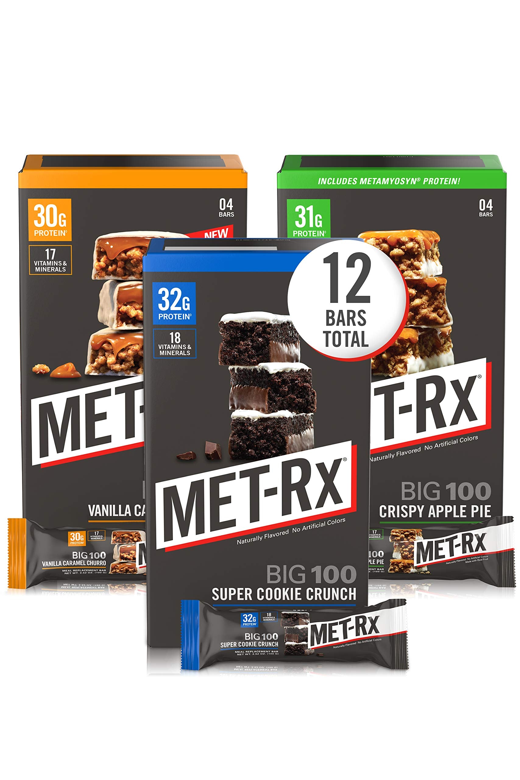 MET-Rx imagen frontal del paquete, muestra variedad y conveniencia