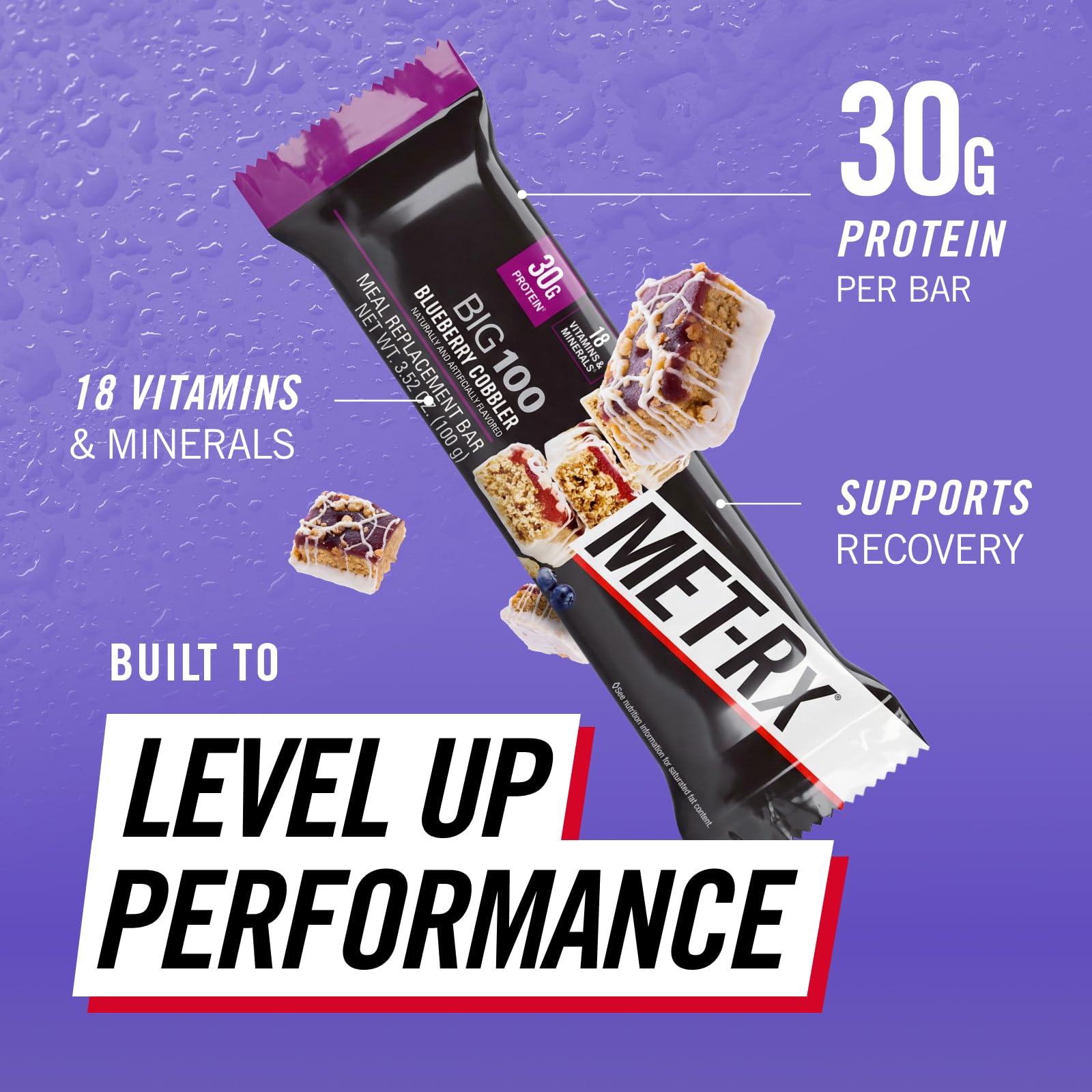 MET-Rx textura crujiente granola cerca que resalta sabor y proteína