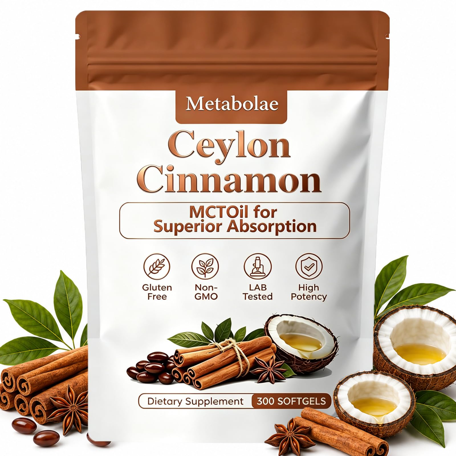Metabolae frasco delantero mostrando 300 softgels y conveniencia diaria