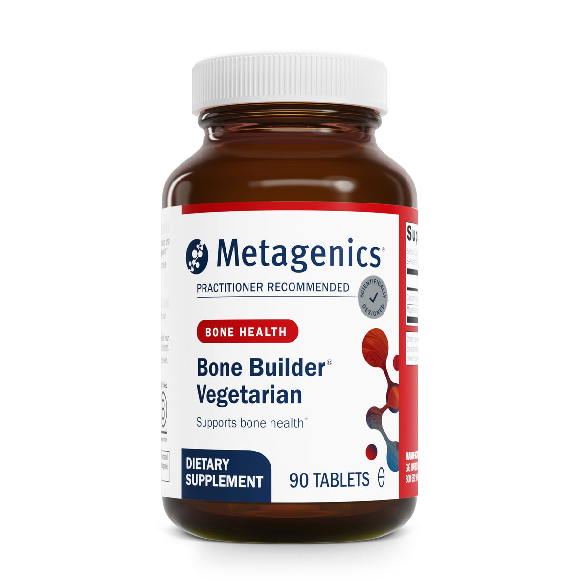 Metagenics frasco frontal del Bone Builder Vegetarian mostrando el envase y seguridad