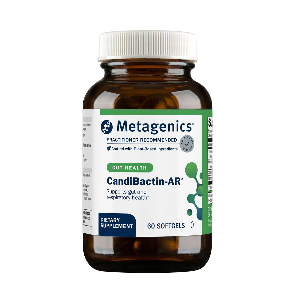 Metagenics CandiBactin-AR frente del envase mostrando marca y beneficio digestivo