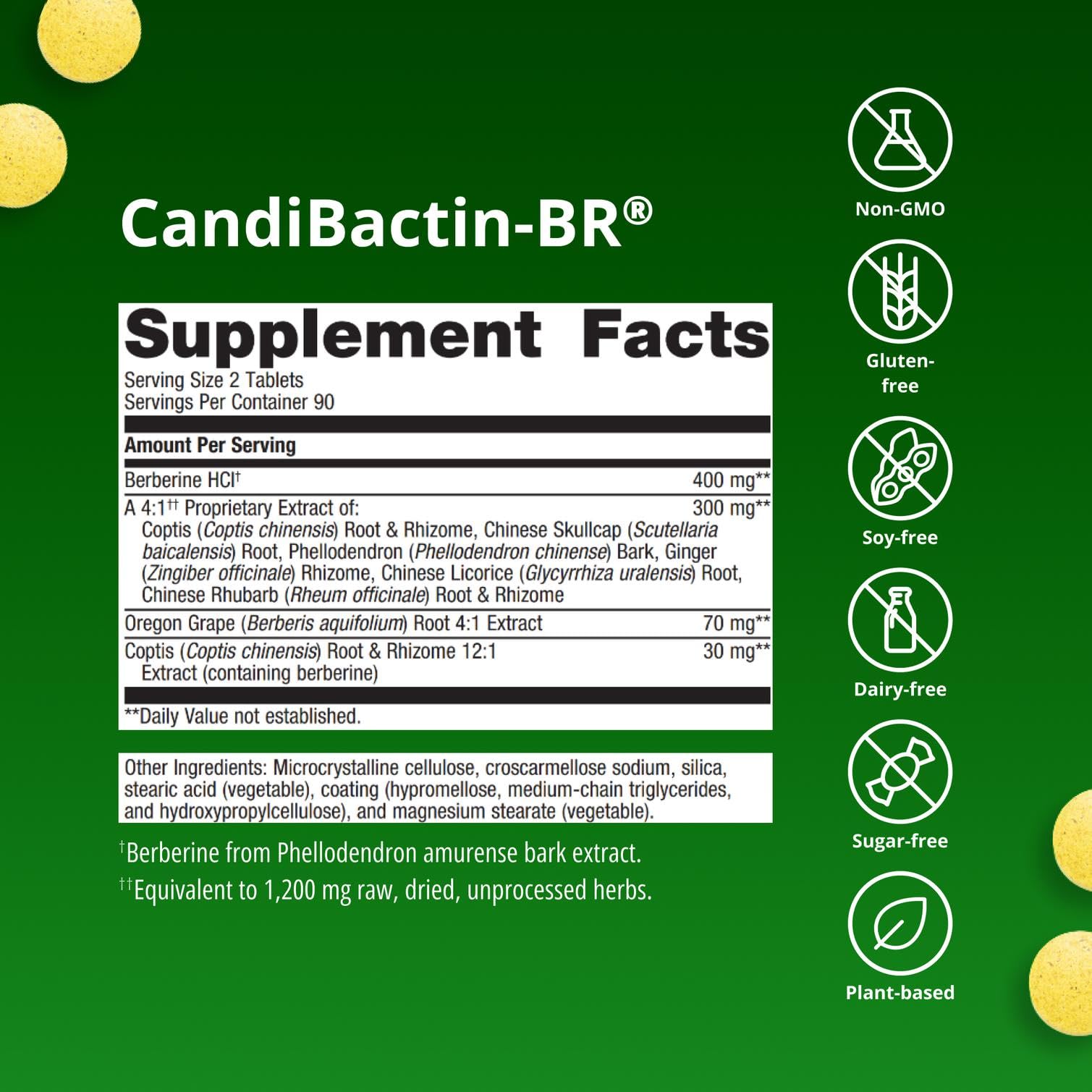 Extractos botánicos Oregon grape y coptis junto a Metagenics CandiBactin‑BR destacando origen vegetal