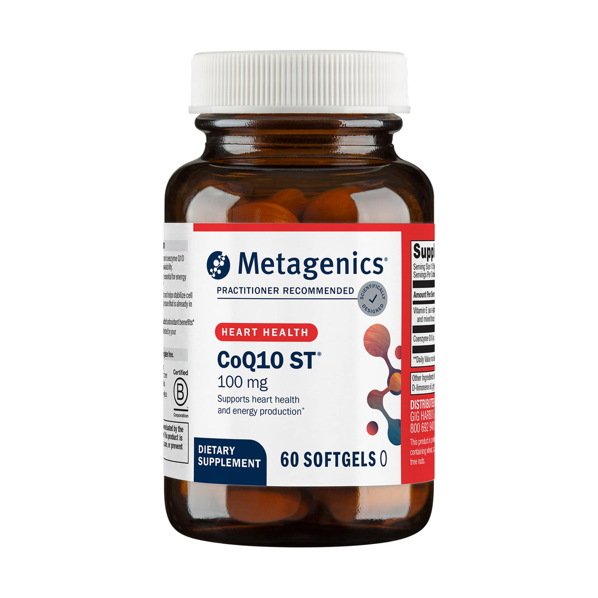 Metagenics envase frontal con CoQ10 100 mg y beneficios visibles