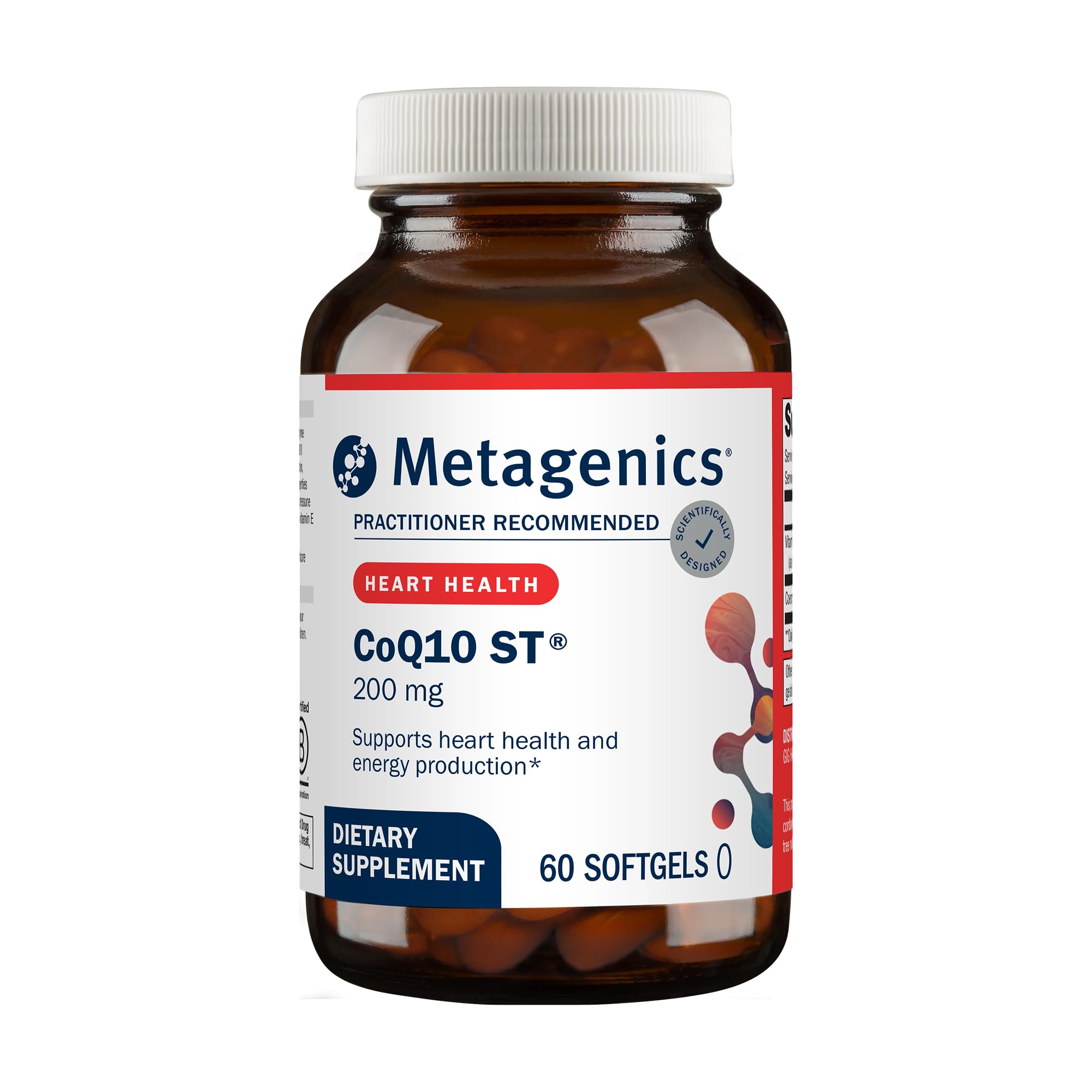 Metagenics CoQ10 ST-200 frente del envase mostrando 60 softgels y beneficio de potencia