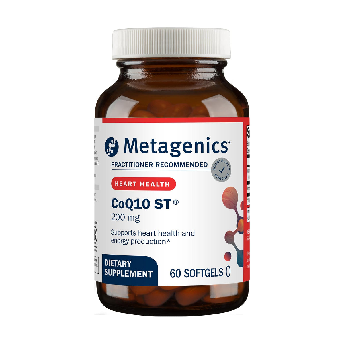 Metagenics CoQ10 ST-200 frente del envase mostrando 60 softgels y beneficio de potencia