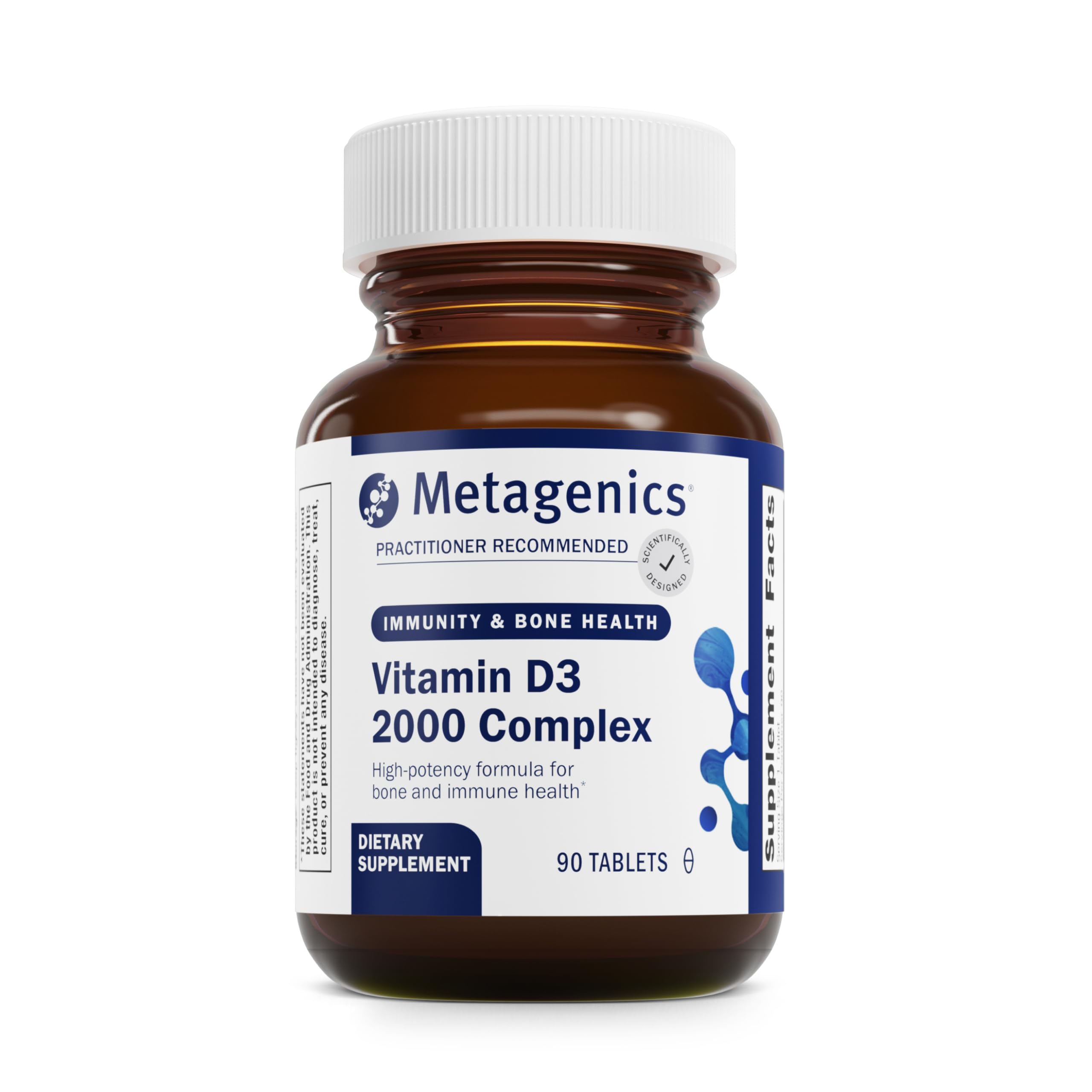 Metagenics envase frontal de D3 2000 IU mostrando dosis clara y beneficio óseo