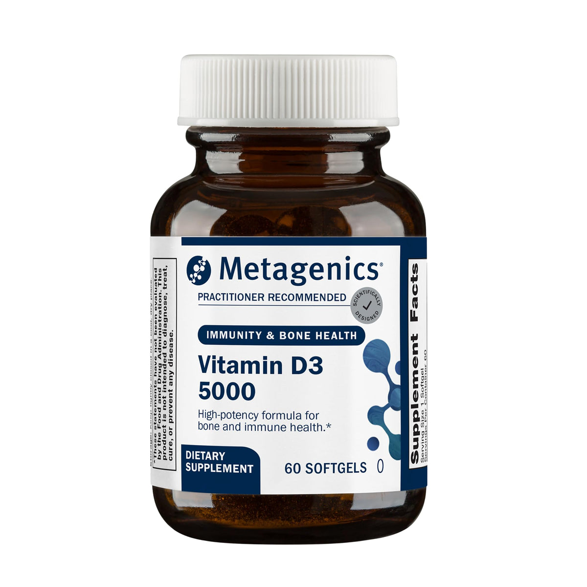 Metagenics botella frontal mostrando dosis alta y beneficio de absorción