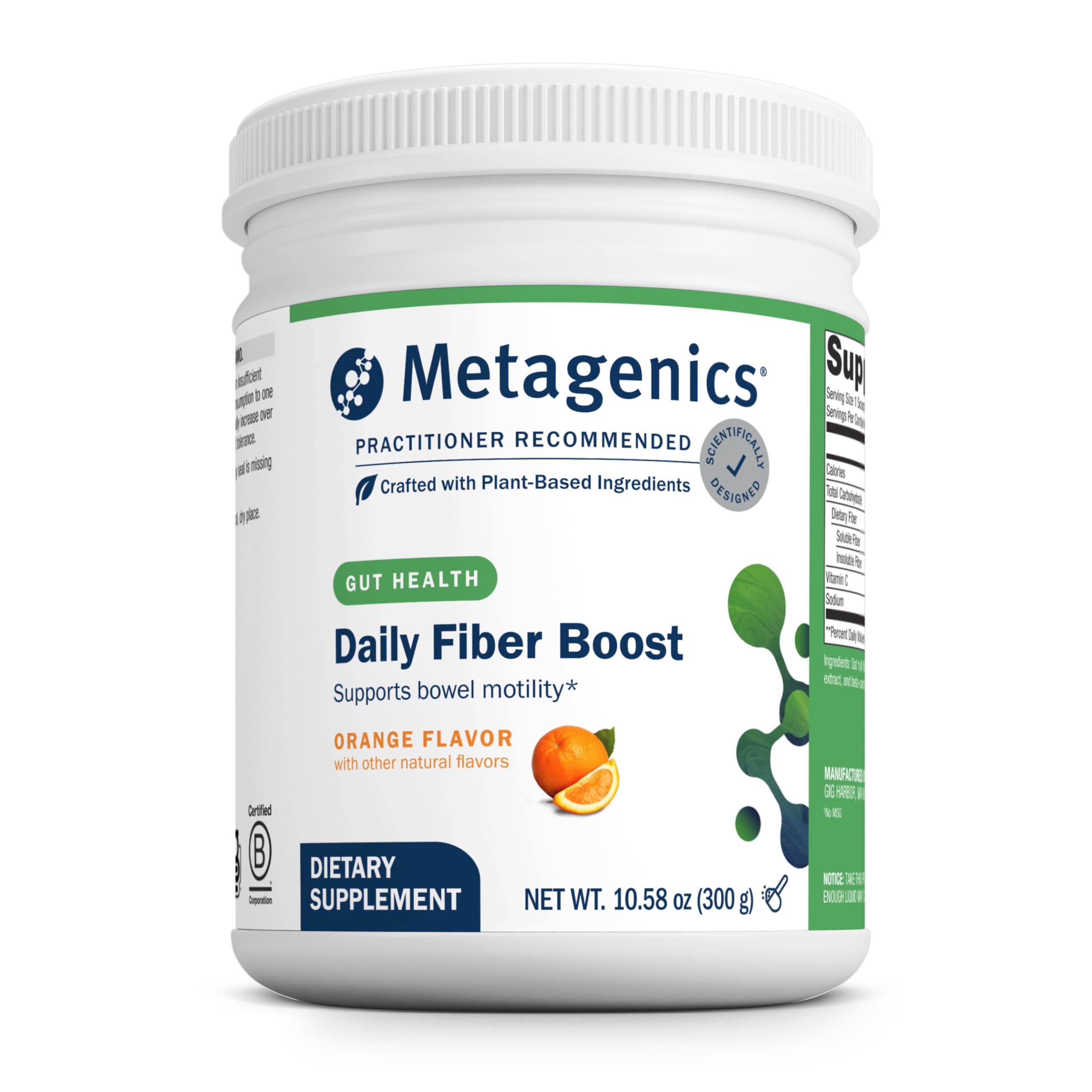 Metagenics envase frontal mostrando Daily Fiber Boost y beneficio de fibra