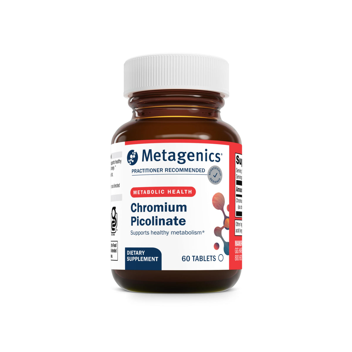 Metagenics envase frontal de Chromium Picolinate mostrando presentación y beneficio de apoyo metabólico