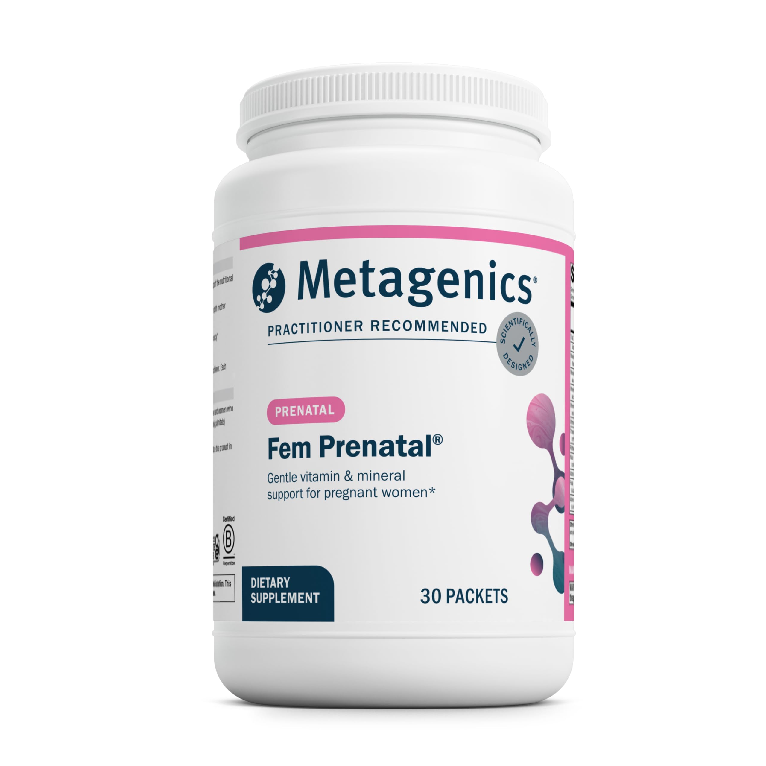 Metagenics Fem Prenatal frente del empaque mostrando sobres prácticos y beneficios