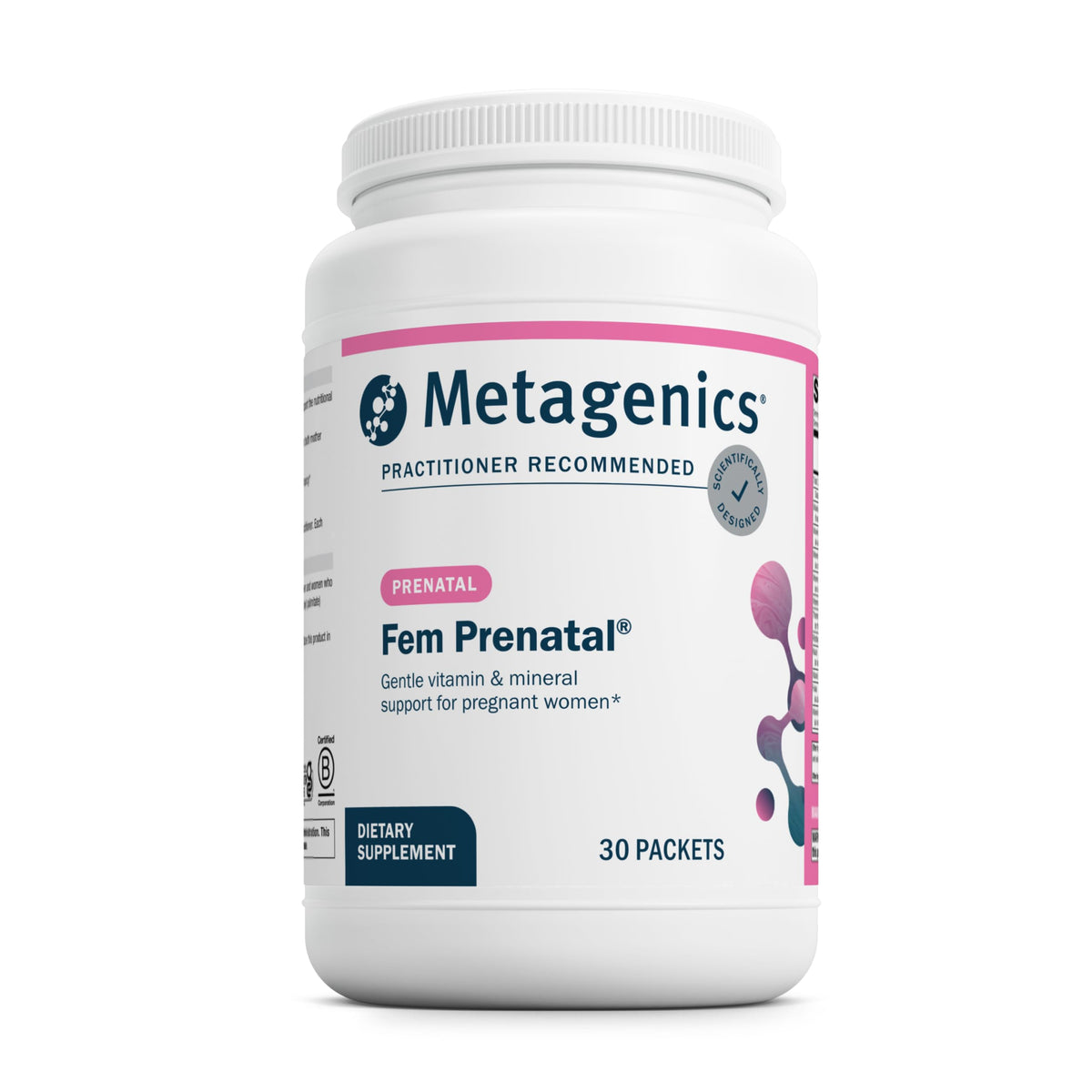 Metagenics Fem Prenatal frente del empaque mostrando sobres prácticos y beneficios