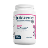 Metagenics Fem Prenatal frente del empaque mostrando sobres prácticos y beneficios