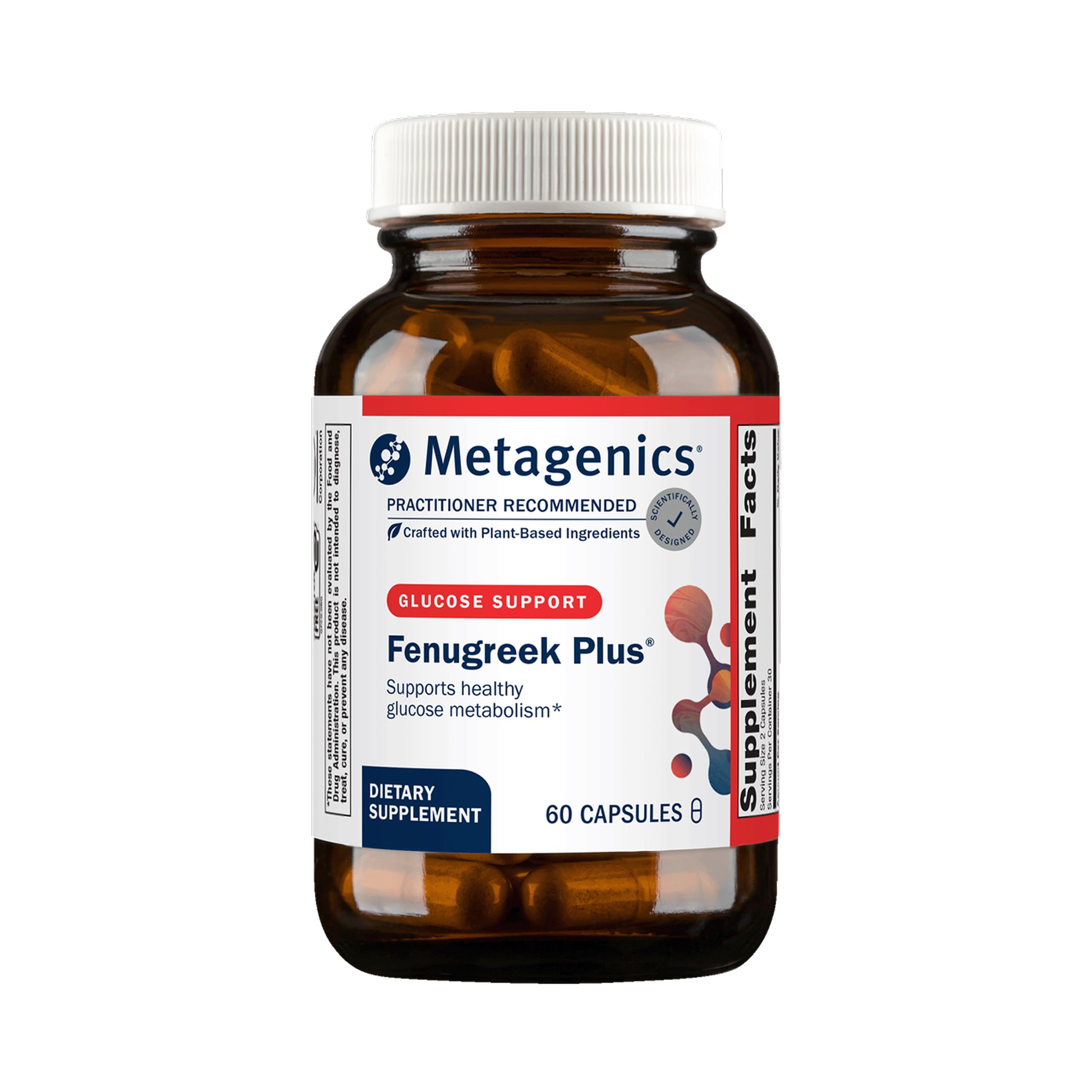 Metagenics frasco frontal mostrando Fenugreek Plus y beneficios de calidad