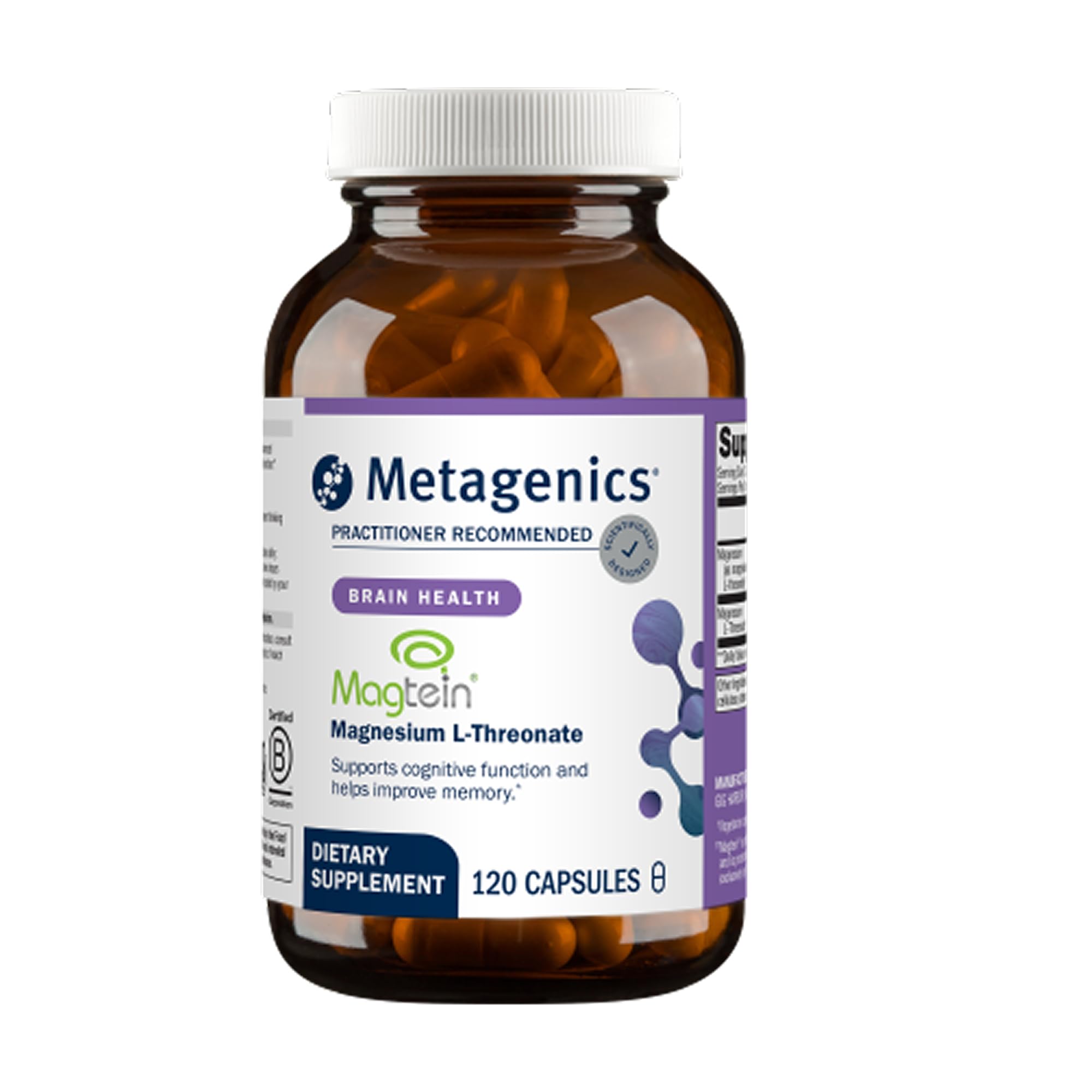 Metagenics frente del envase mostrando la fórmula Magtein y beneficio cognitivo