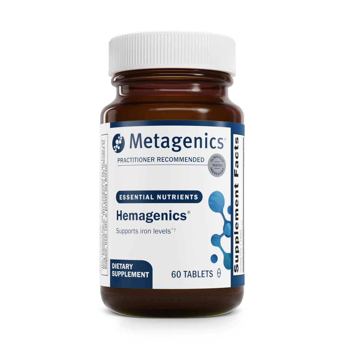 Metagenics Hemagenics frente del envase mostrando la marca y beneficios