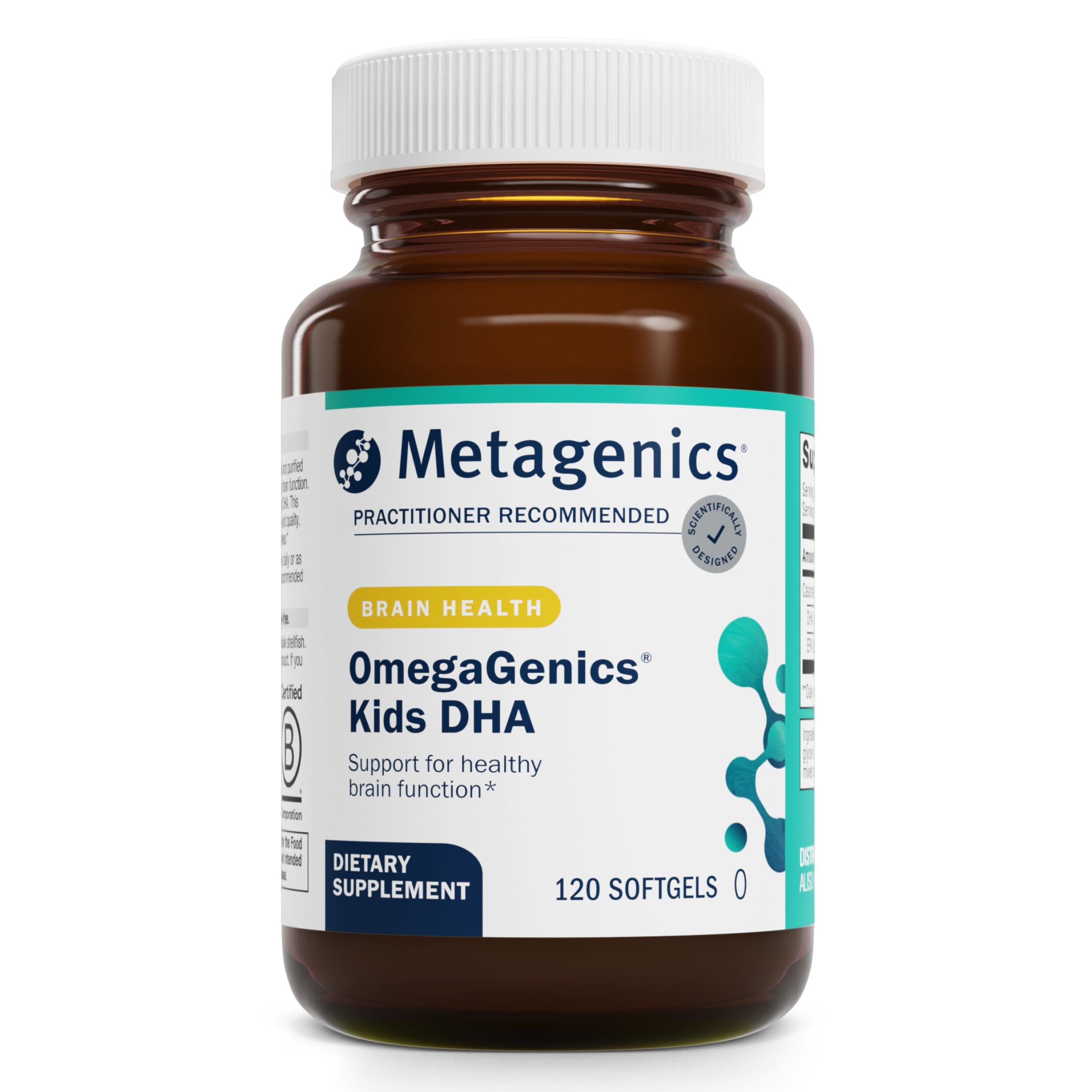 Metagenics MetaKids DHA frontal del envase mostrando la marca y beneficio infantil