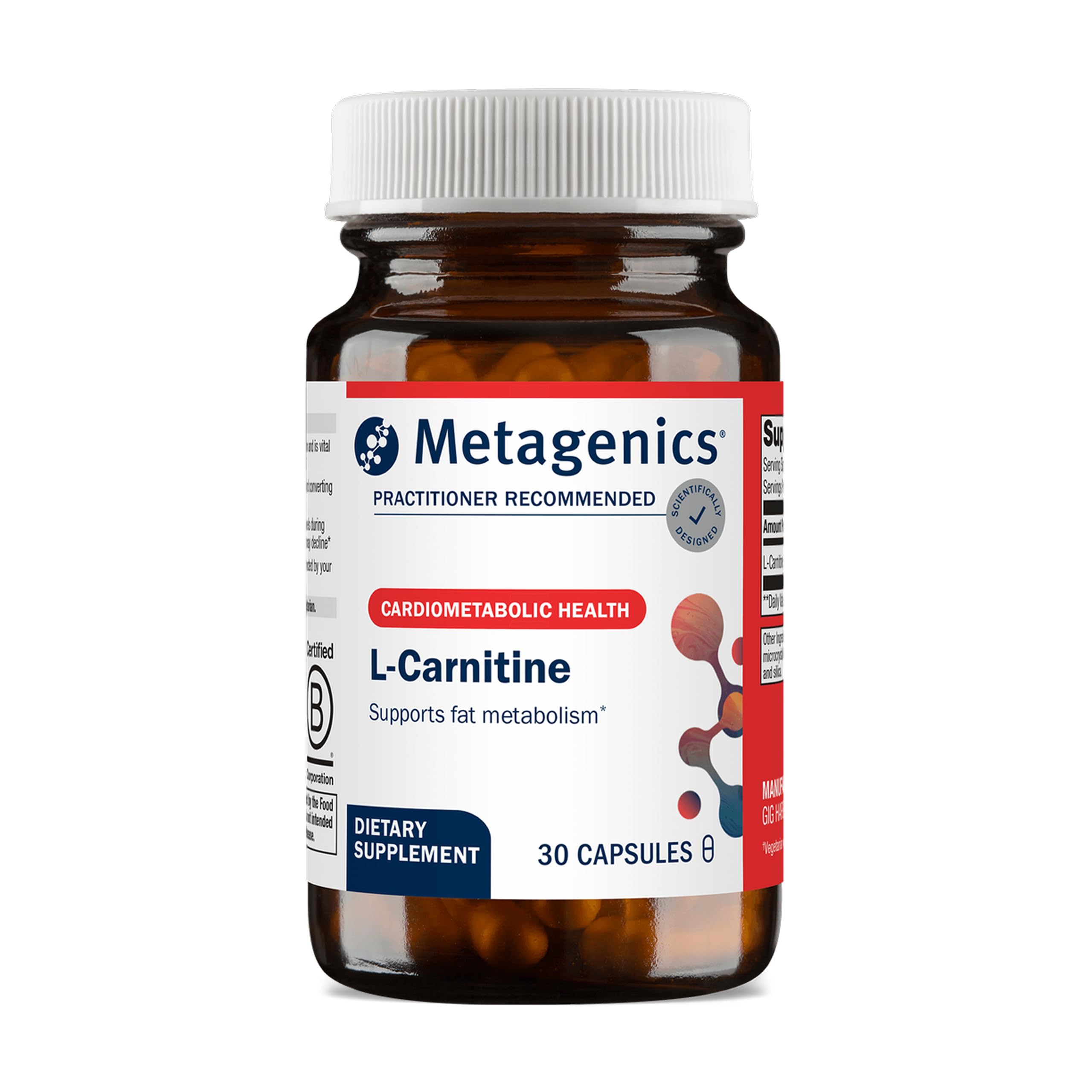 Metagenics L-Carnitine vista frontal del envase muestra dosis y beneficios