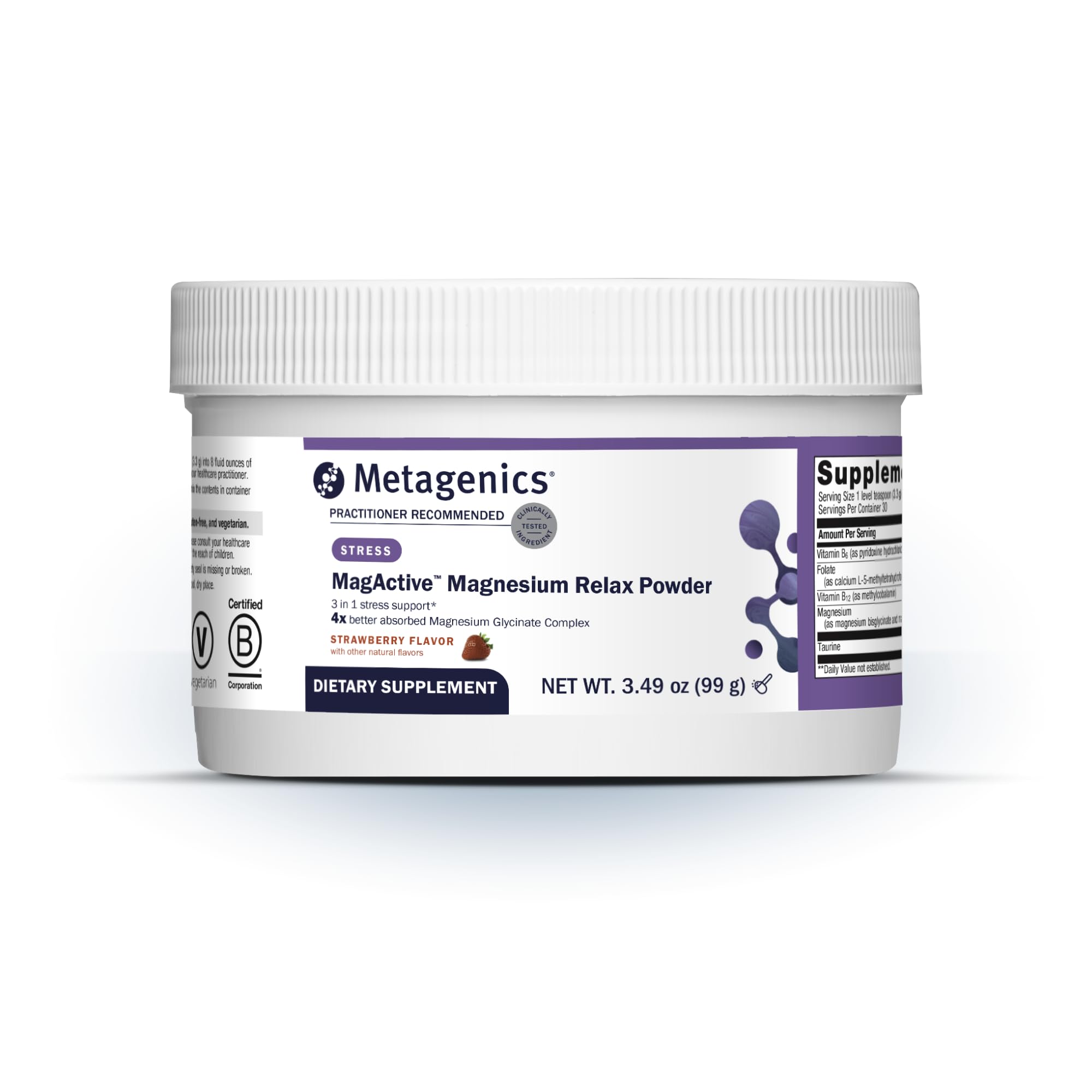 Metagenics MagActive presentación frontal muestra envase y sabor fresa beneficios de uso práctico