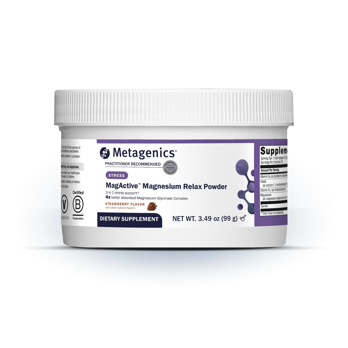 Metagenics MagActive presentación frontal muestra envase y sabor fresa beneficios de uso práctico