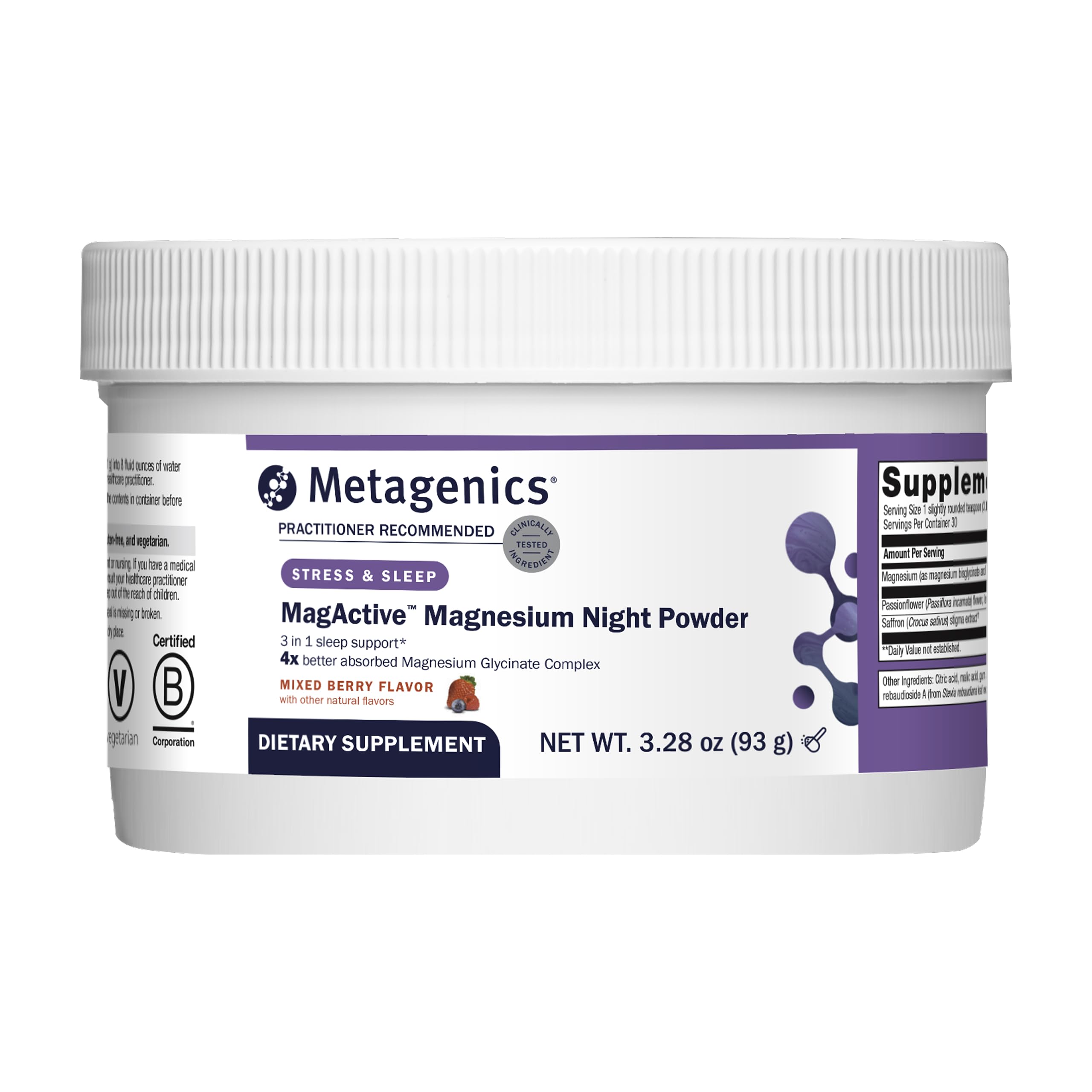 Metagenics MagActive vista frontal del envase mostrando el diseño y sabor frutos rojos