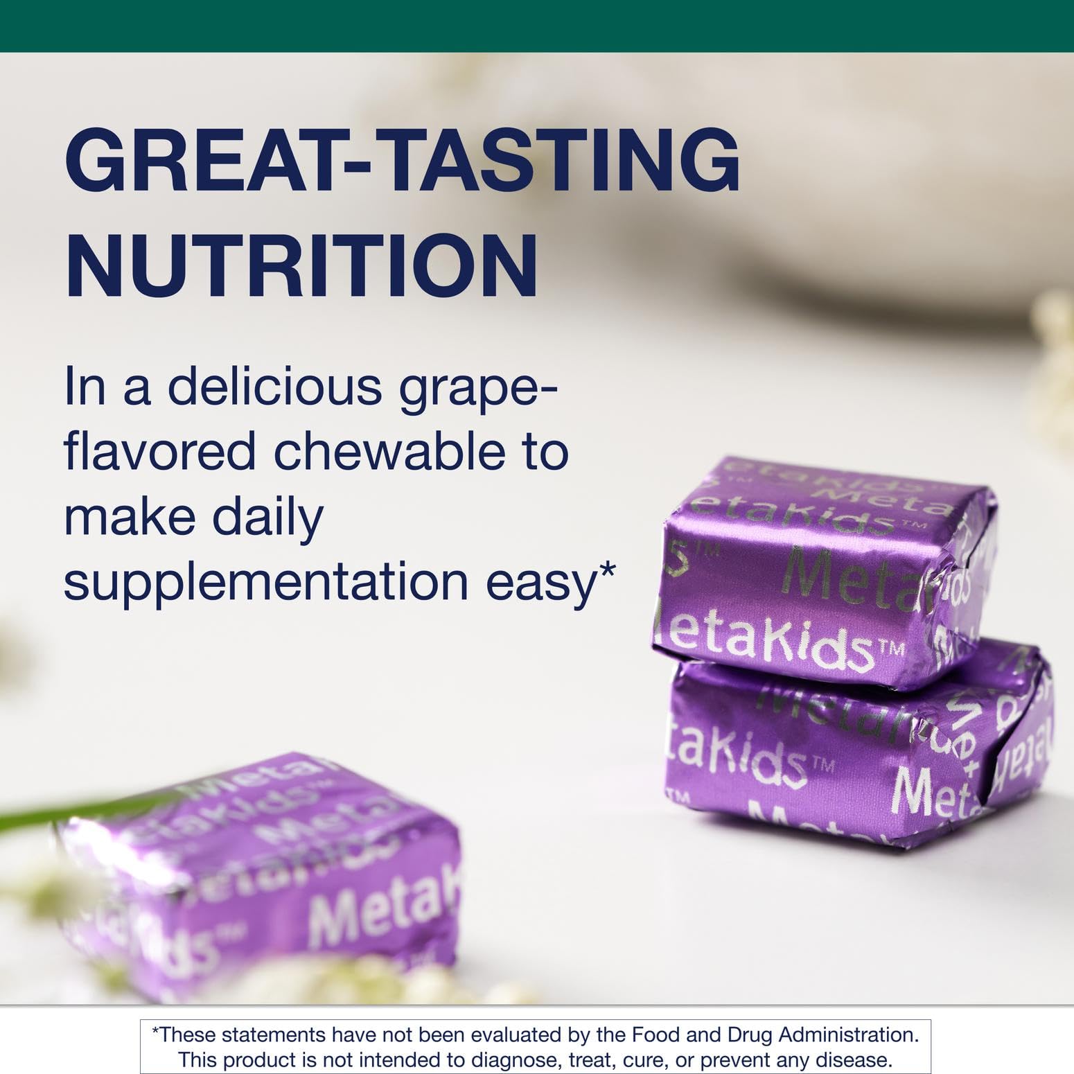 Metagenics MetaKids etiqueta nutricional clara con información de vitaminas