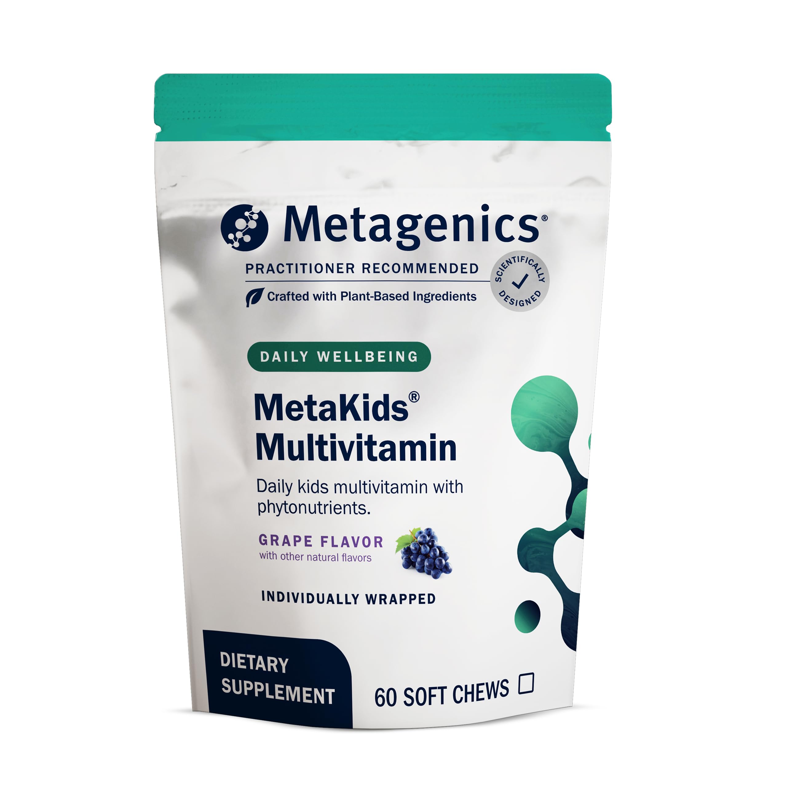 Metagenics MetaKids frontal del envase mostrando el producto y sabor uva