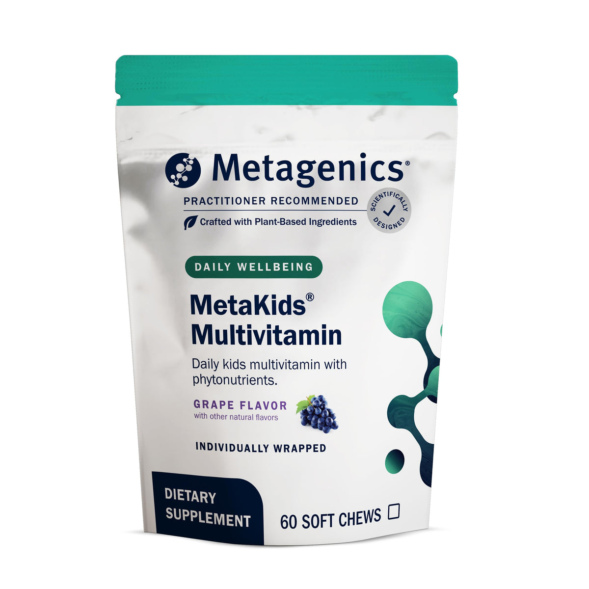 Metagenics MetaKids frontal del envase mostrando el producto y sabor uva