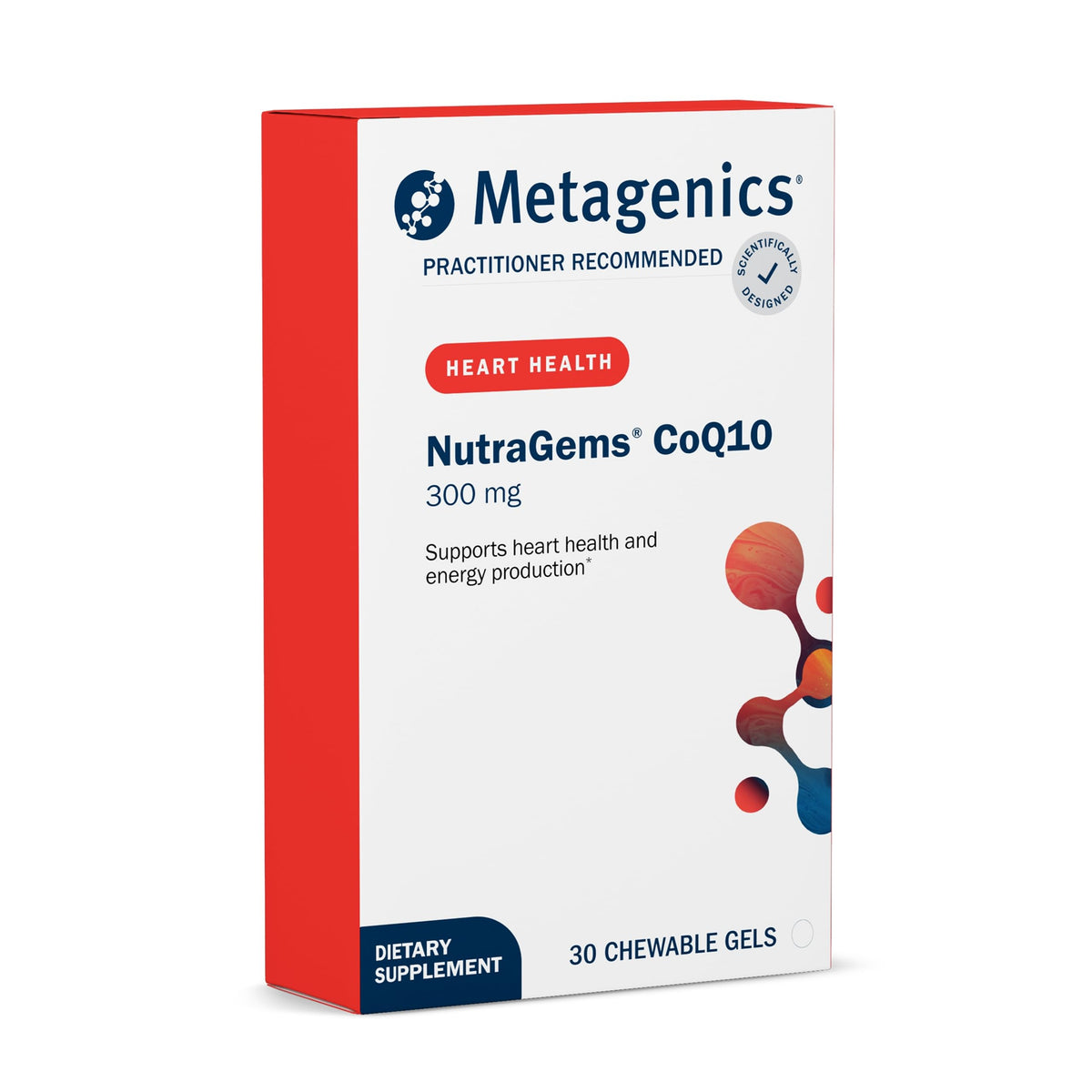 Metagenics NutraGems frontal del envase mostrando geles masticables y beneficios