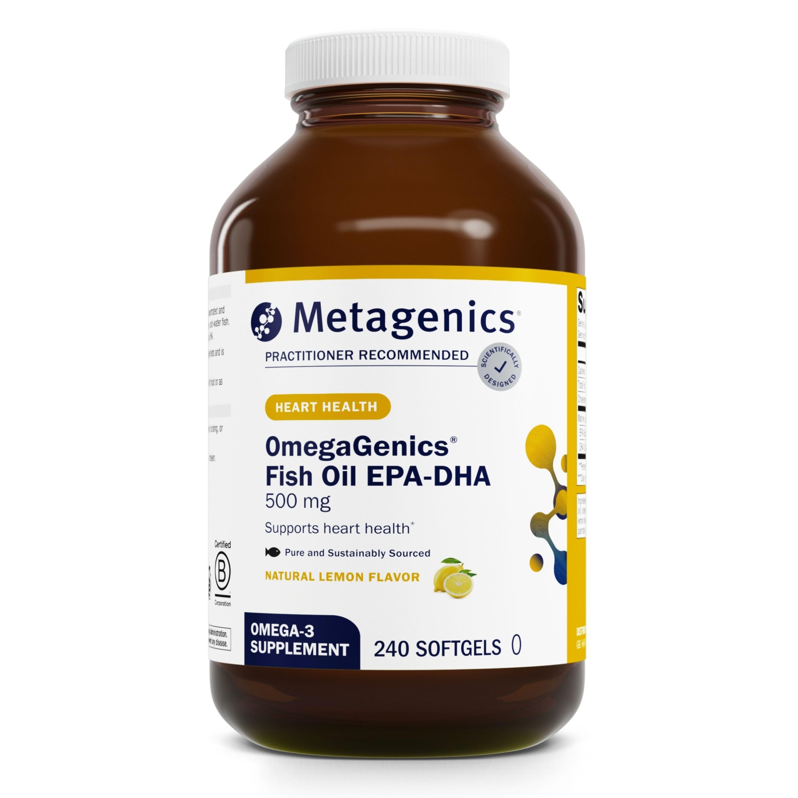 Metagenics frasco OmegaGenics frente mostrando cantidad y beneficios