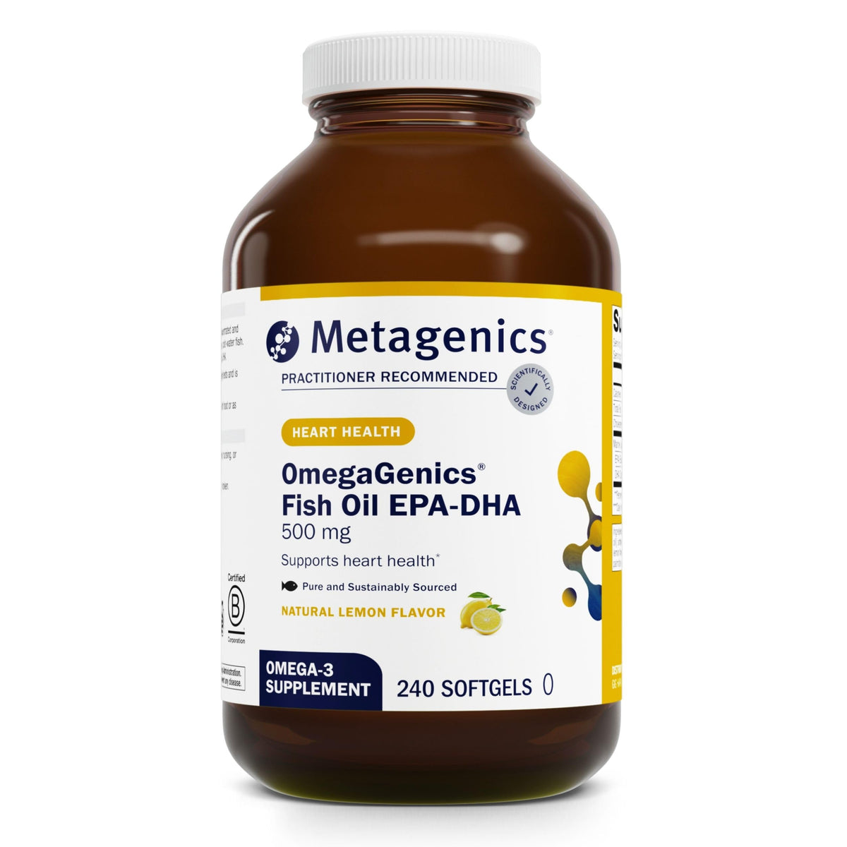 Metagenics frasco OmegaGenics frente mostrando cantidad y beneficios