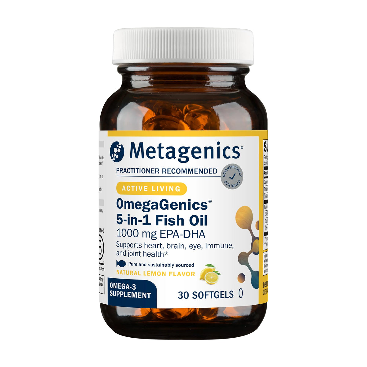 Metagenics OmegaGenics frente del empaque mostrando dosis y beneficios