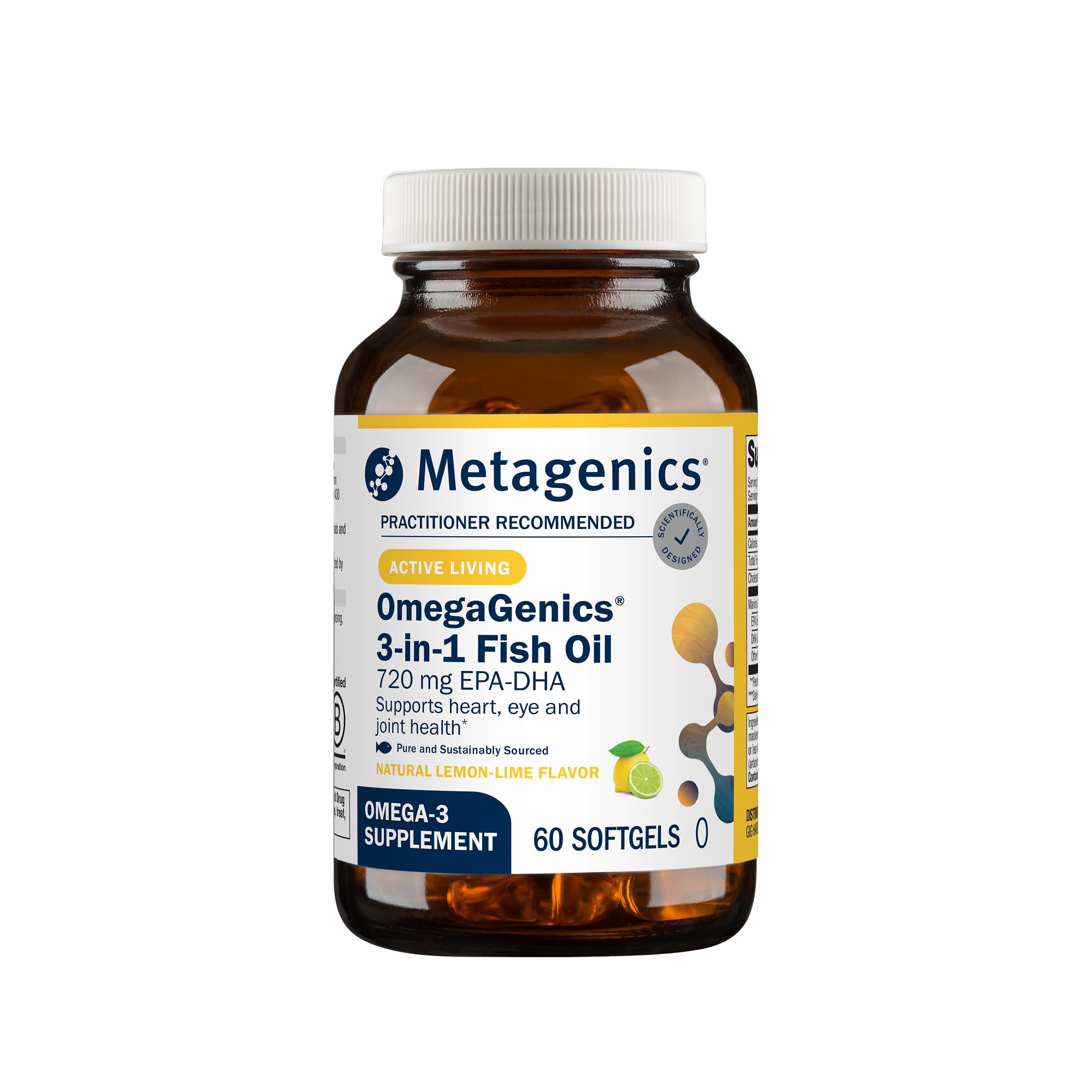 Metagenics OmegaGenics frasco frontal mostrando etiqueta y beneficio de omega‑3