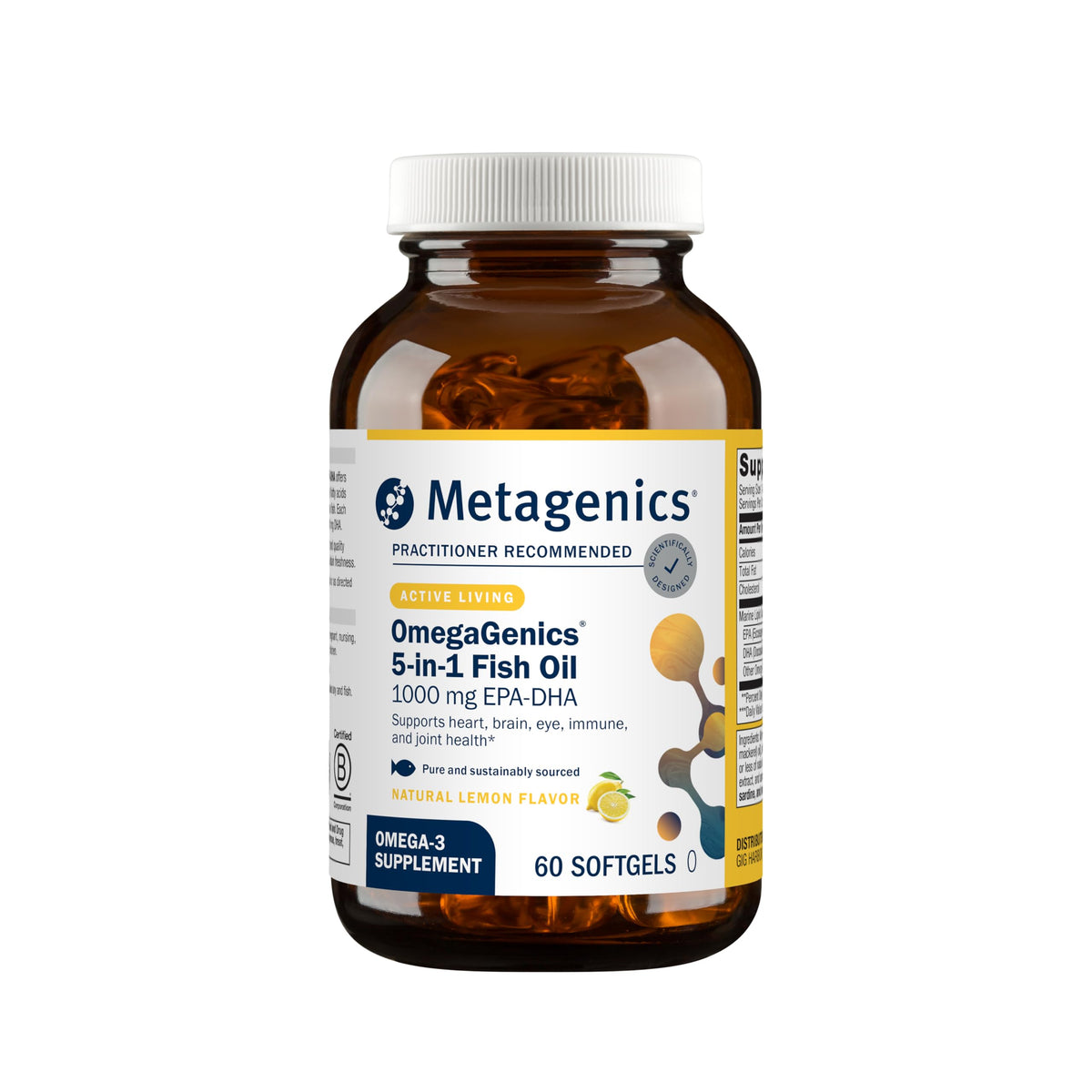 Metagenics OmegaGenics envase frontal mostrando etiqueta y cantidad, confianza profesional