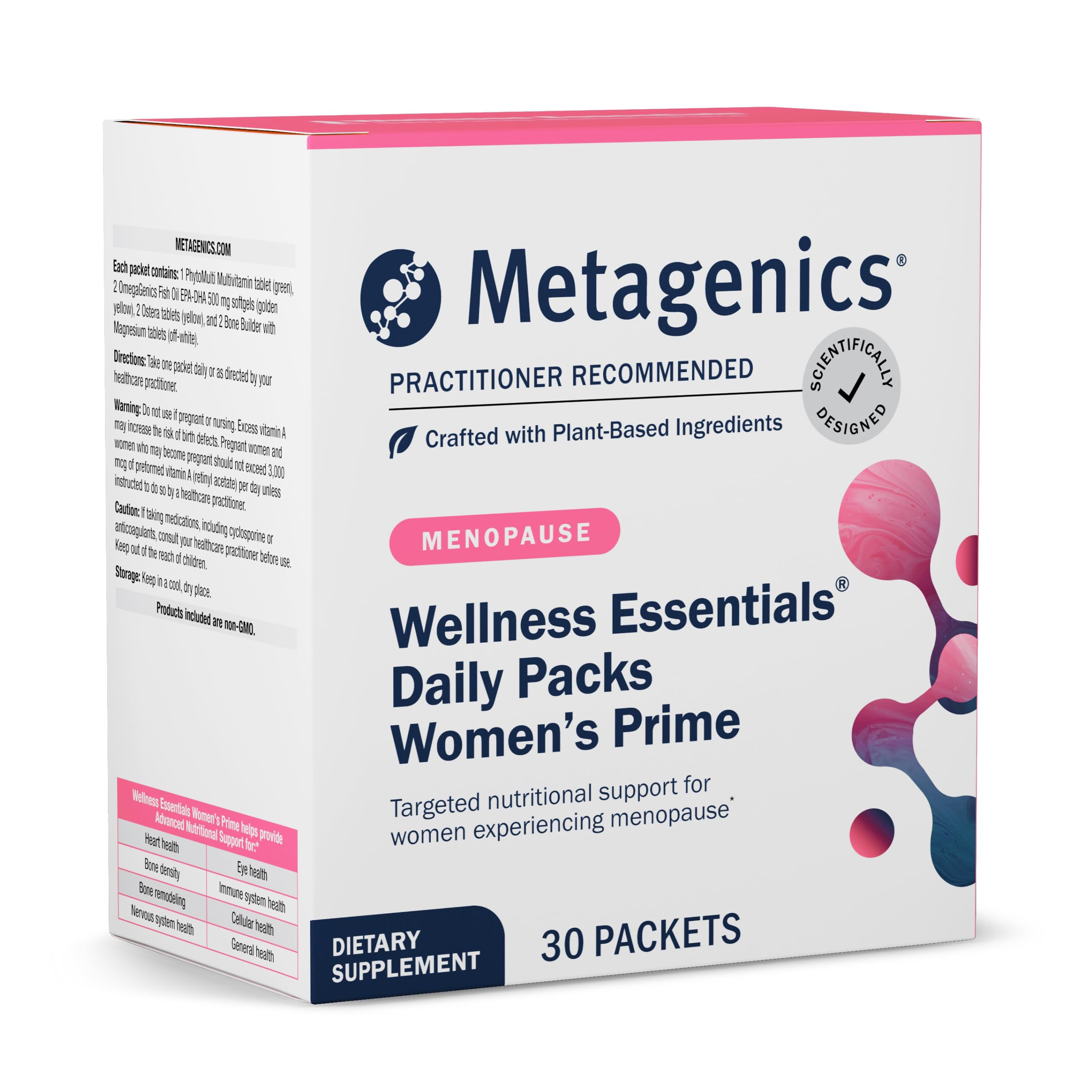 Metagenics pack frontal mostrando sobres y caja para guía de uso