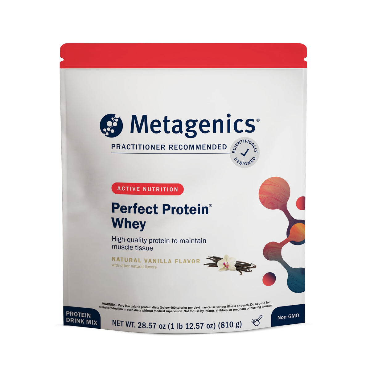 Metagenics envase frontal de Perfect Protein con etiqueta clara, facilita elección informada