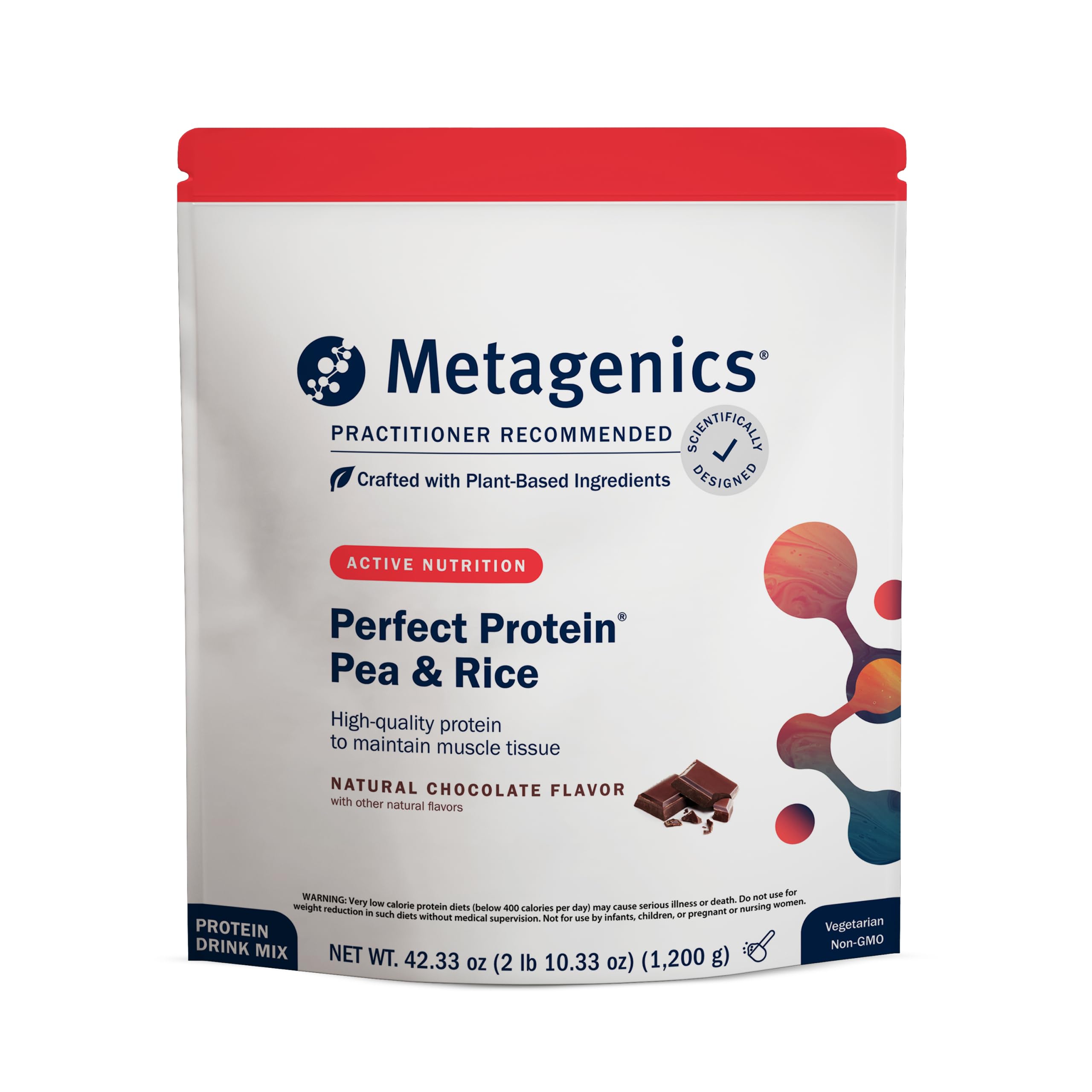 Metagenics envase frontal de Perfect Protein chocolate, presentación clara y práctica