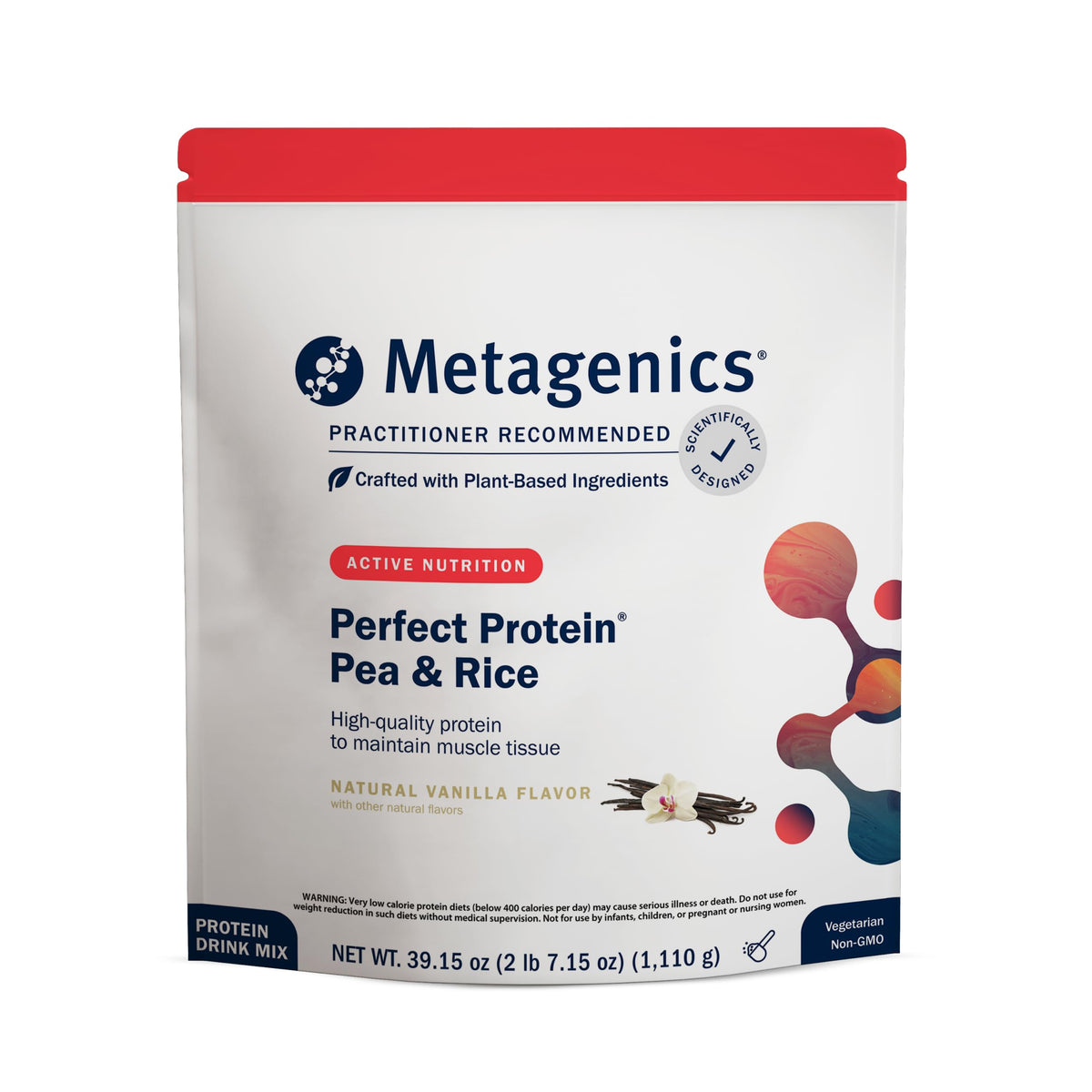 Metagenics envase frontal de Perfect Protein vainilla mostrando diseño y beneficios