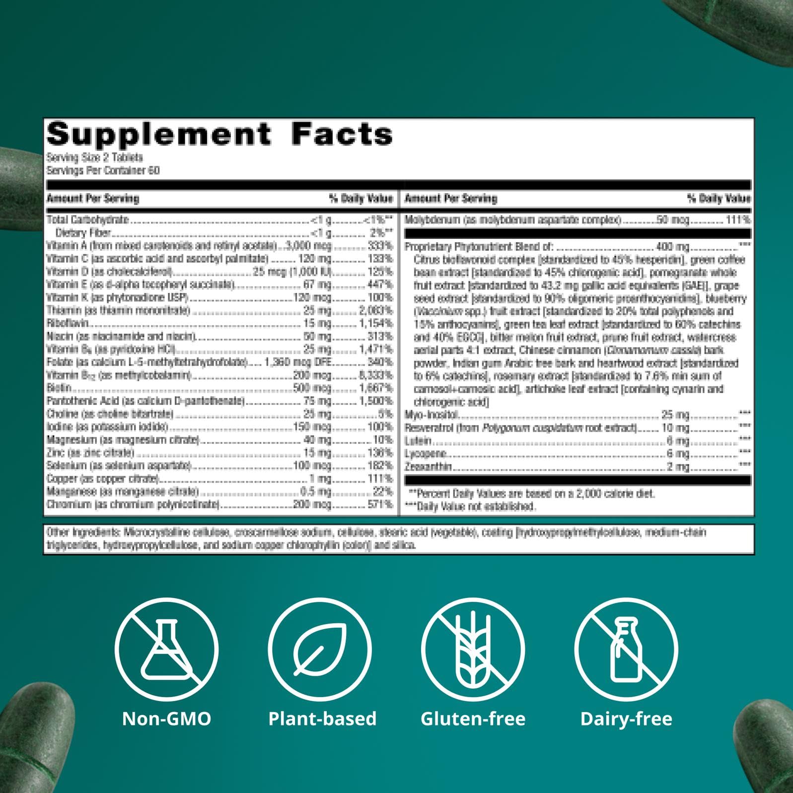 Metagenics PhytoMulti etiqueta nutricional con ingredientes clave visibles