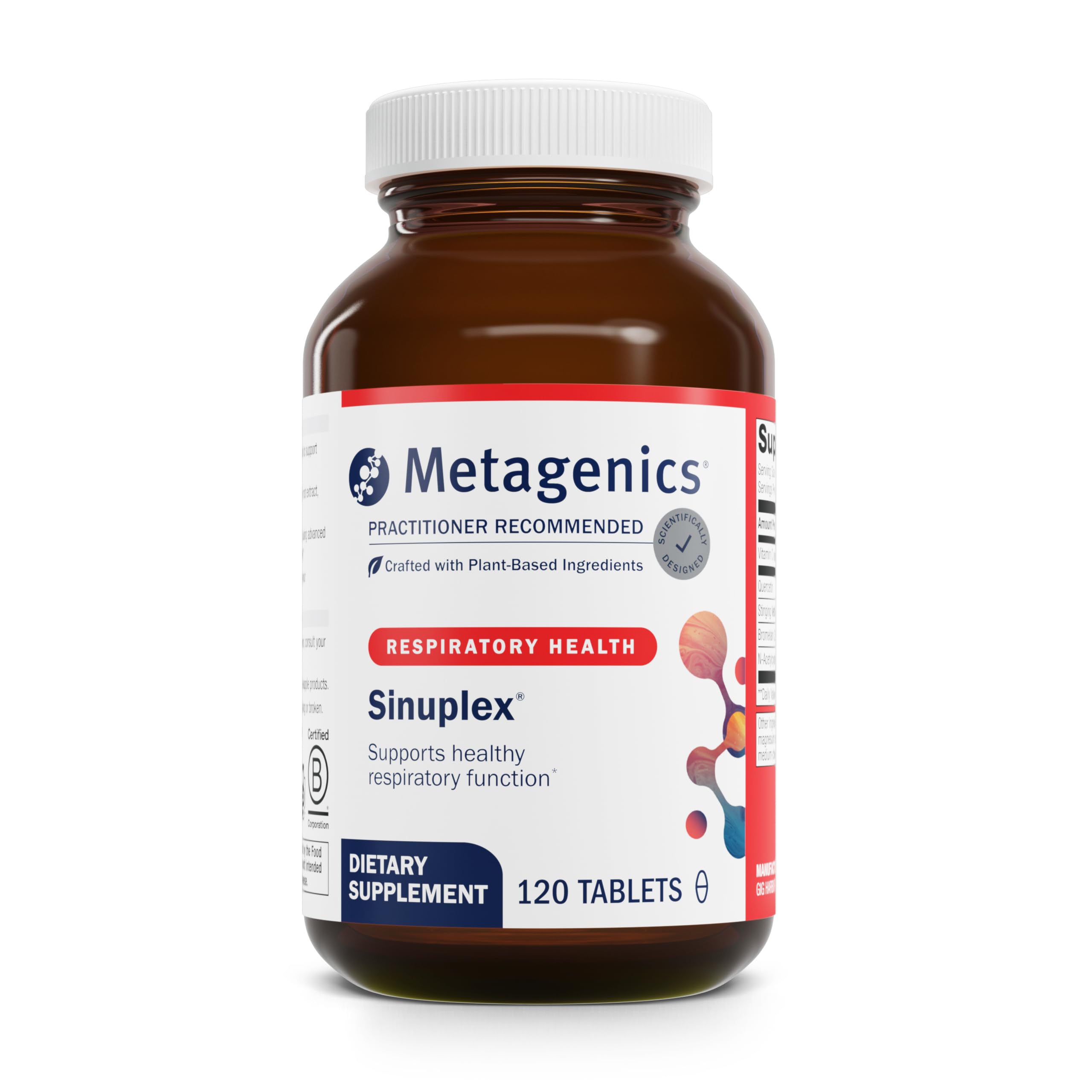 Metagenics Sinuplex frente del envase mostrando etiqueta clara y beneficio respiratorio