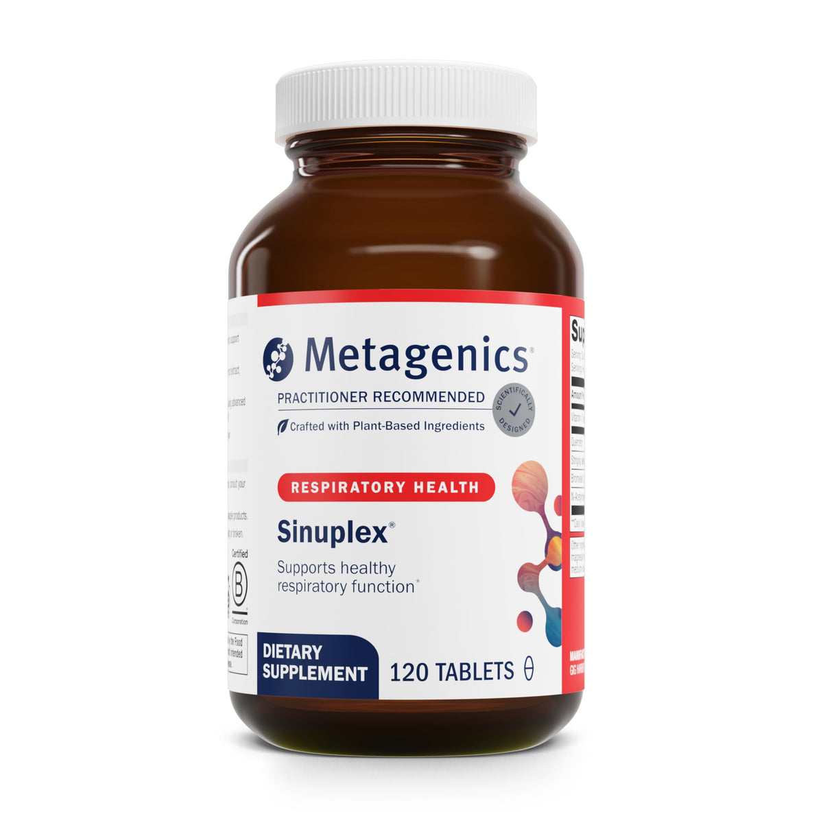 Metagenics Sinuplex frente del envase mostrando etiqueta clara y beneficio respiratorio