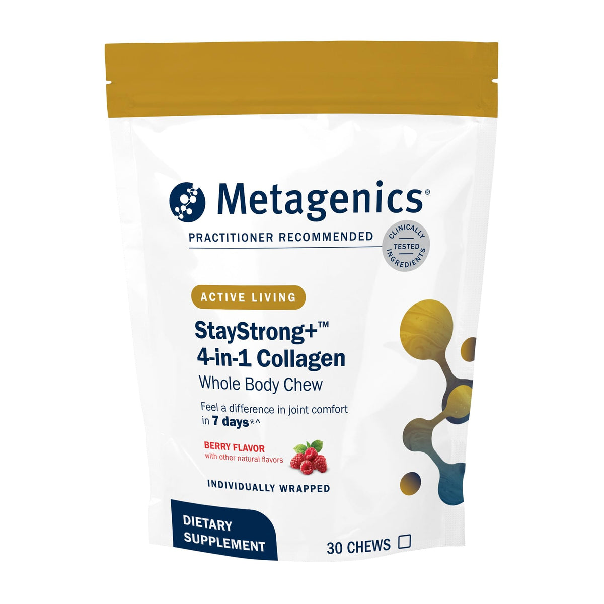 Metagenics StayStrong+ frasco frontal muestra 30 gomitas y beneficios prácticos