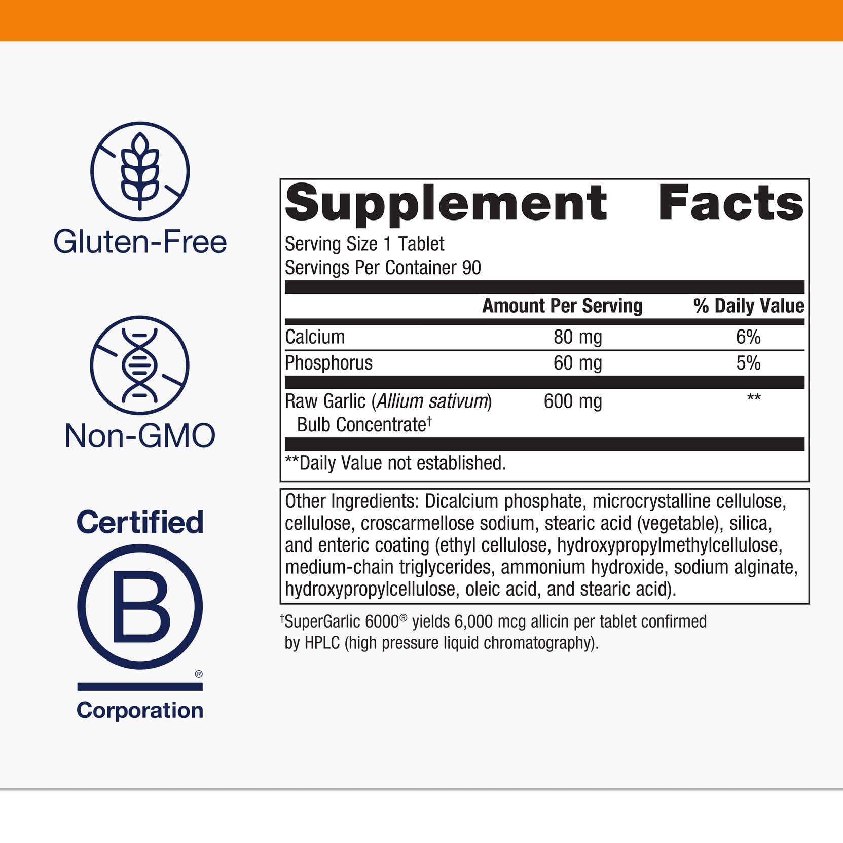 Metagenics SuperGarlic 6000 etiqueta con información, beneficio: ingredientes y pureza