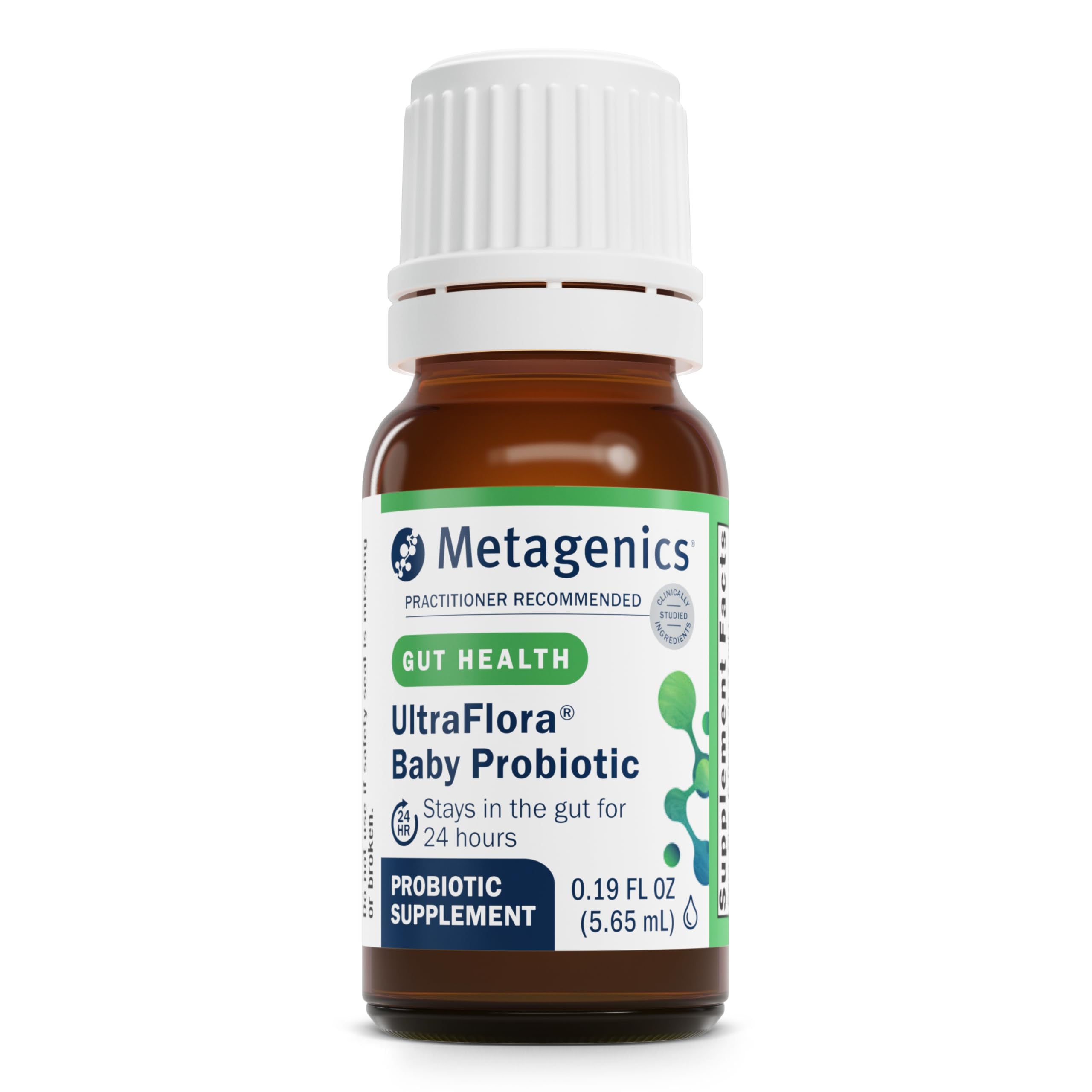 Metagenics UltraFlora Baby frontal del envase mostrando presentación compacta y segura