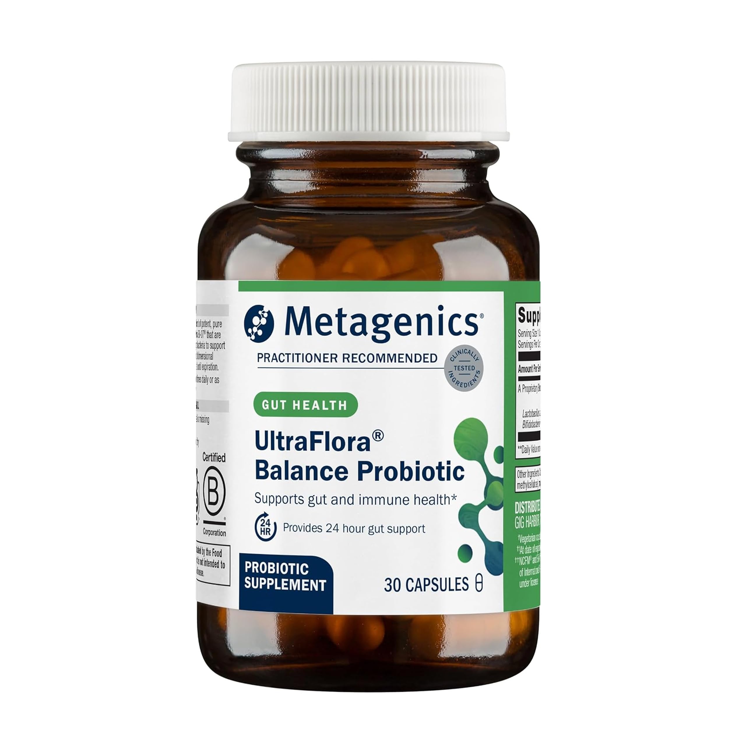 Metagenics UltraFlora Balance frente del envase mostrando tamaño y diseño