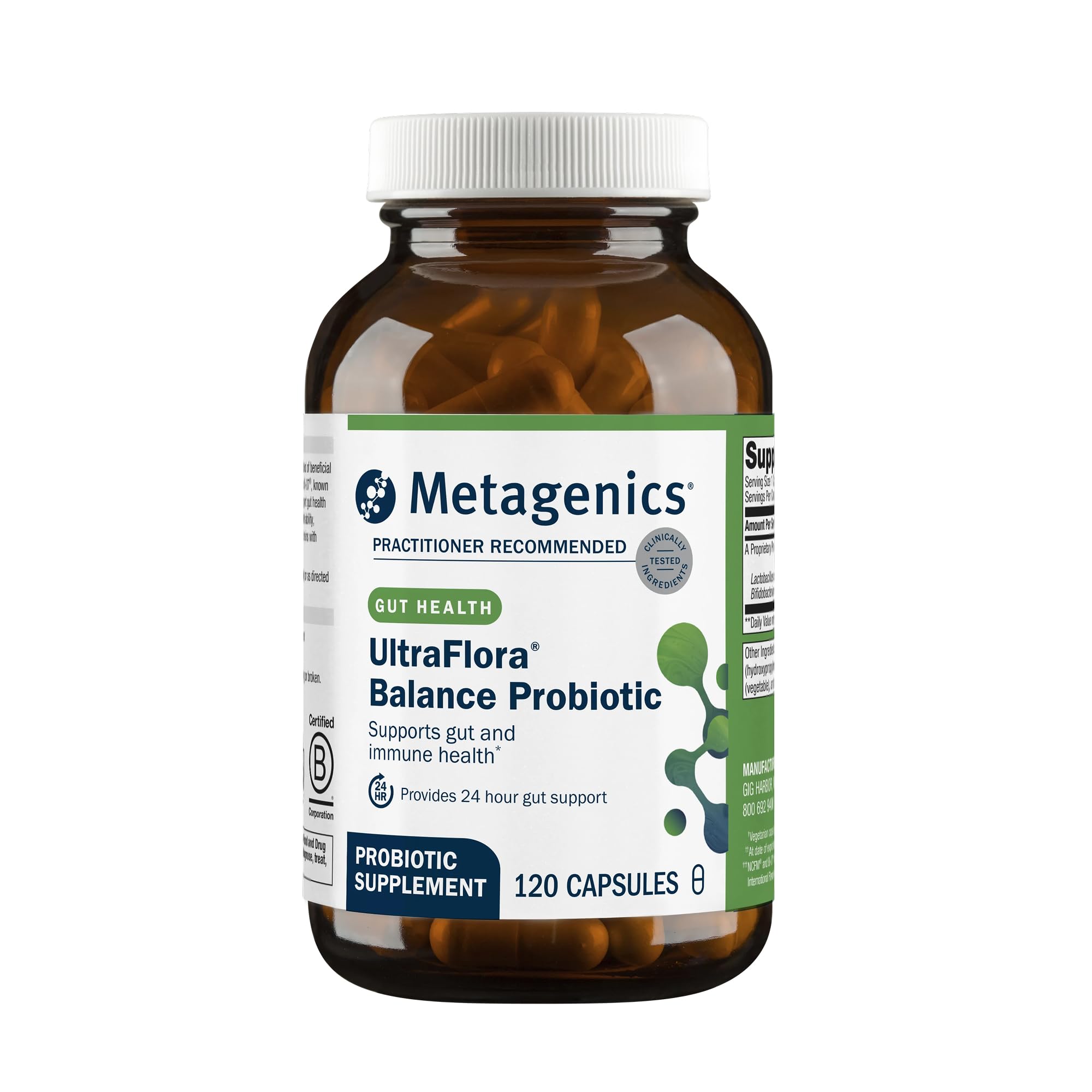 Metagenics UltraFlora Balance envase frontal mostrando presentación clara y beneficio de estabilidad