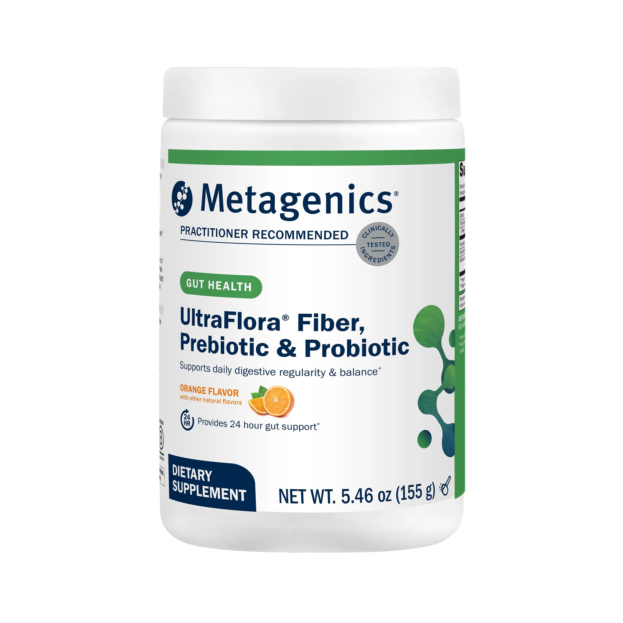 Metagenics envase UltraFlora Fiber frente mostrando diseño y beneficio de regularidad