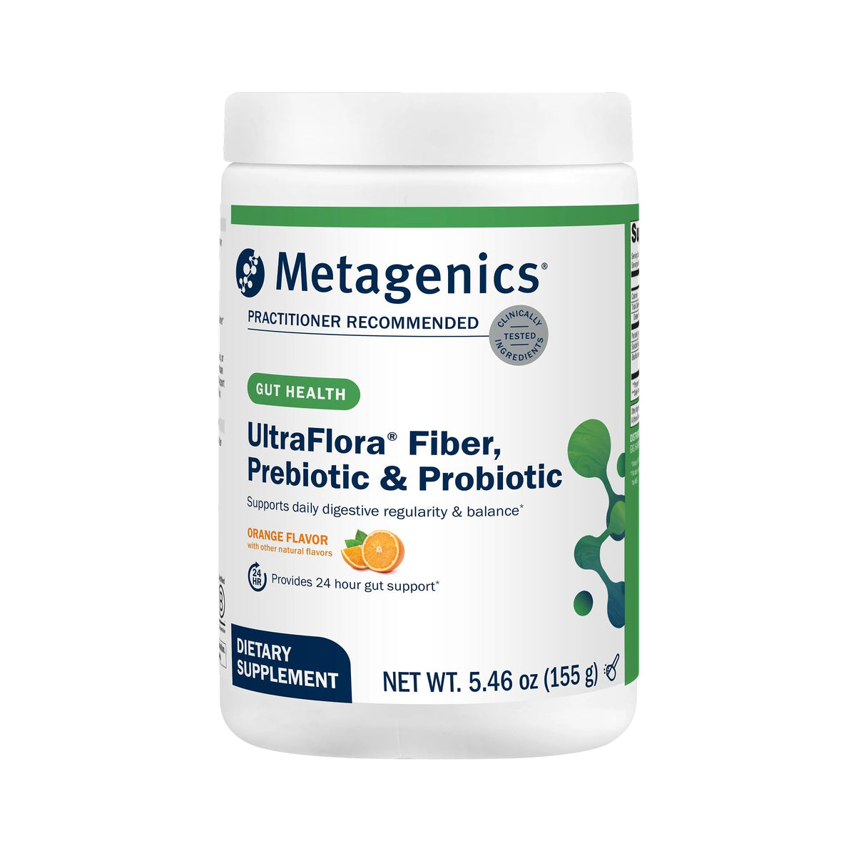 Metagenics envase UltraFlora Fiber frente mostrando diseño y beneficio de regularidad
