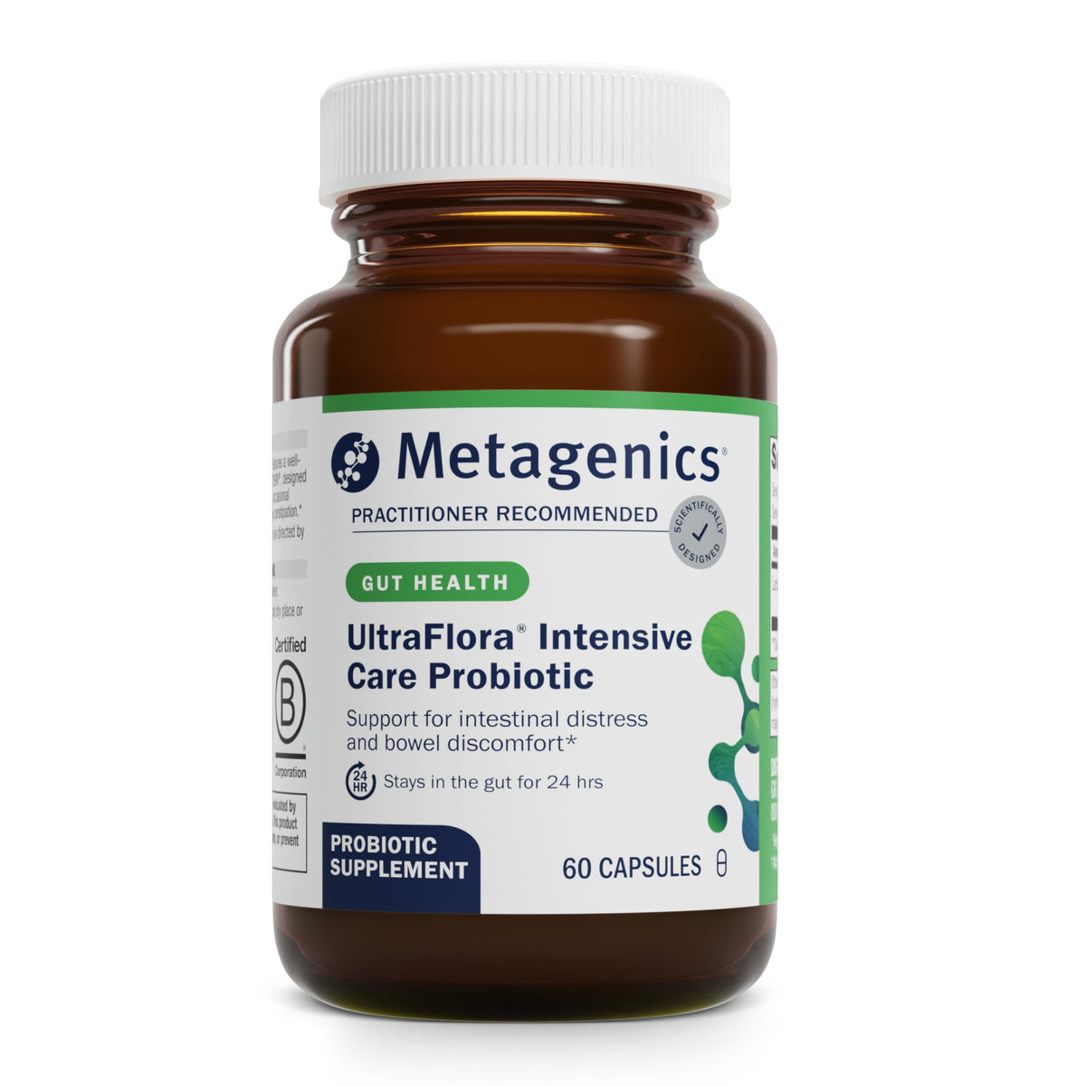 Metagenics UltraFlora frente del envase mostrando 60 cápsulas y beneficio de soporte digestivo
